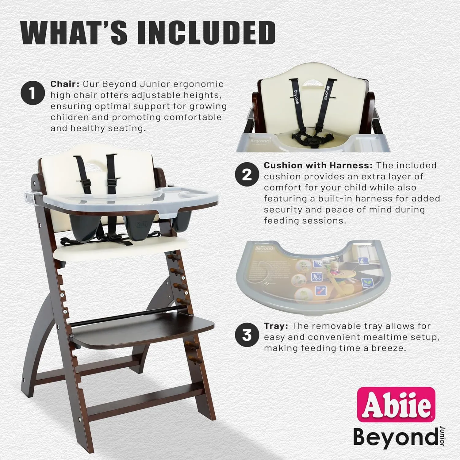 Abiie Beyond Junior Wooden High Chair with Tray - Adjustable and Convertible High Chair for Babies and Toddlers - 6 Months to 250 Lb - Water Resistant - Mahogany Wood with White Cushion