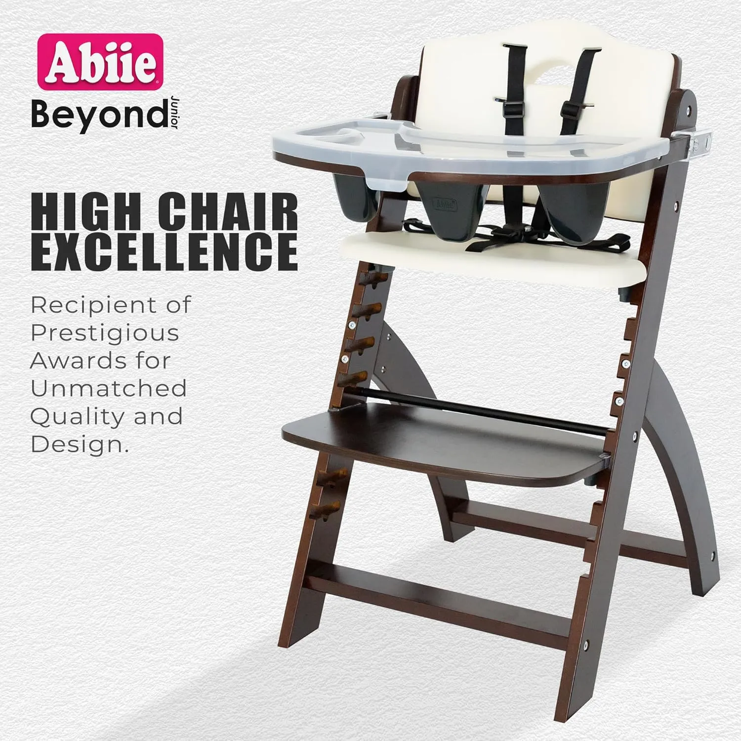 Abiie Beyond Junior Wooden High Chair with Tray - Adjustable and Convertible High Chair for Babies and Toddlers - 6 Months to 250 Lb - Water Resistant - Mahogany Wood with White Cushion