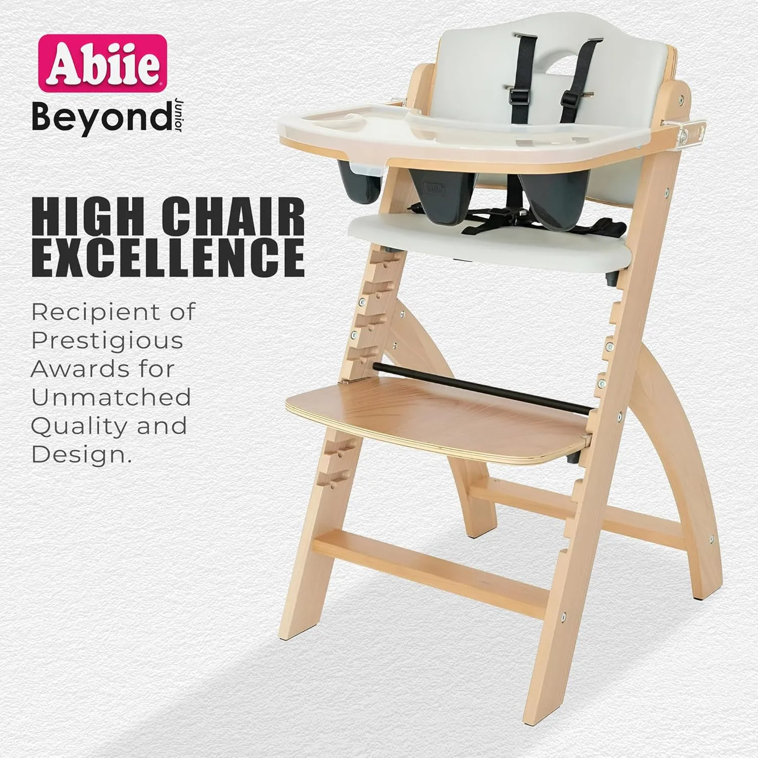 Abiie Beyond Junior Wooden High Chair with Tray - Adjustable and Convertible High Chair for Babies and Toddlers - 6 Months to 250 Lb - Water Resistant - Natural Wood/Dove Grey Cushion