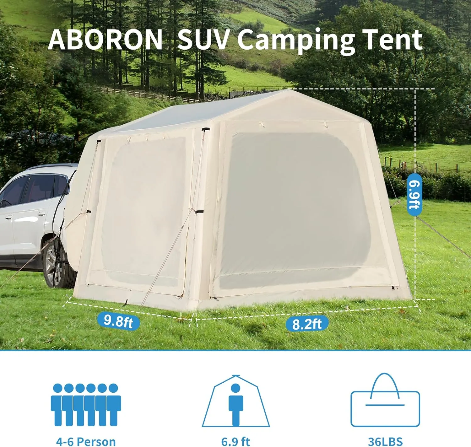 ABORON 4/6/8 Person SUV Tent, Easy Setup & Spacious SUV Tailgate Tent with Large Mesh Windoors, Rainfly & Awning, Perfect for Family & Group Outdoor Adventures