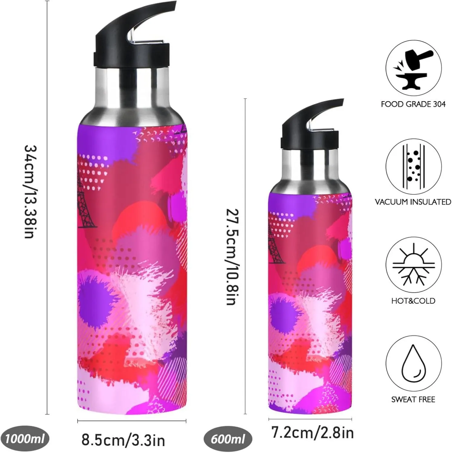 Abstract Tower Sports Water Bottle with Straw, 22oz BPA Free Stainless Steel Vacuum Insulated Bottle for Gym Fitness Outdoor