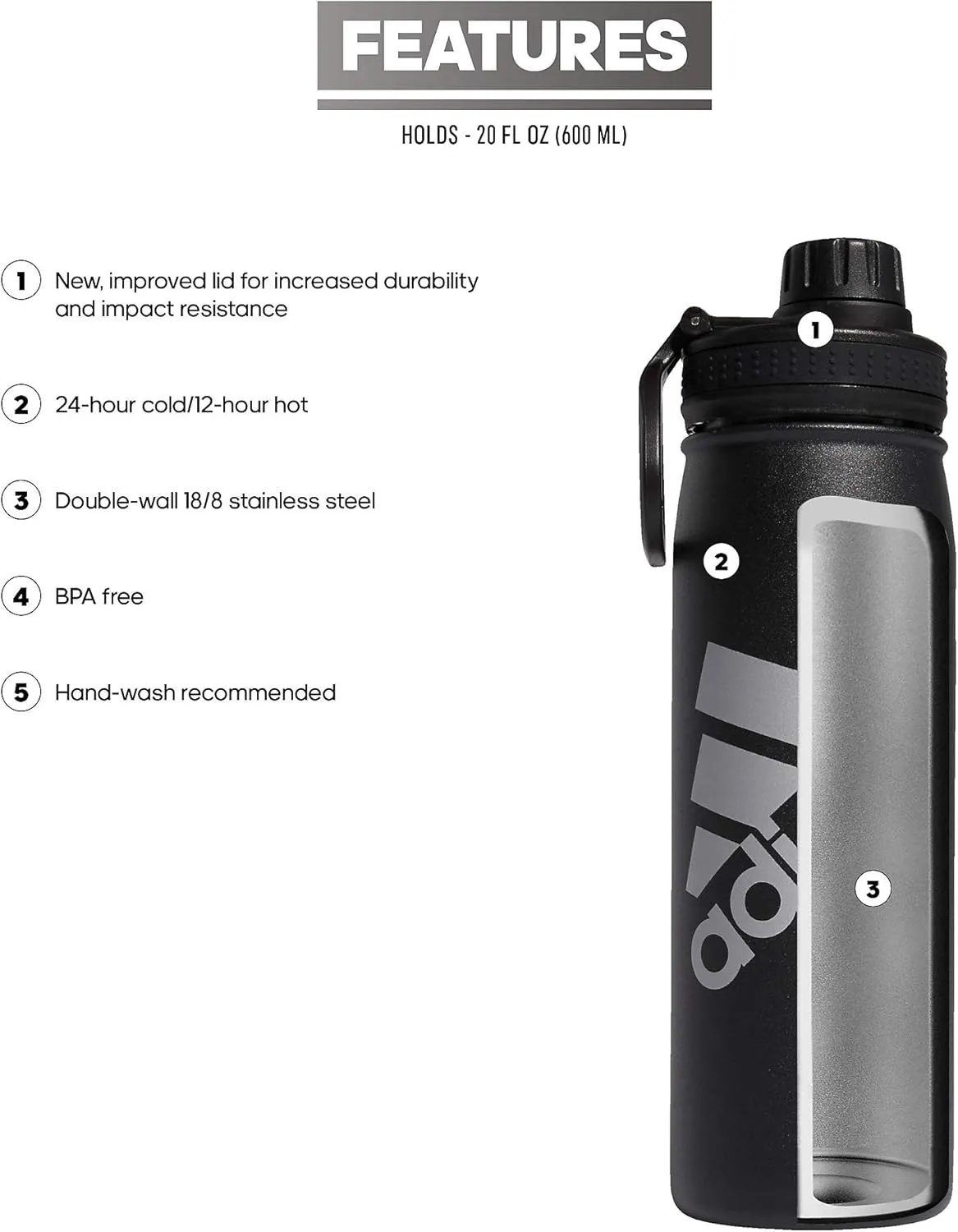 adidas 20 oz Stainless Steel, Insulated Double-Walled 18/8 Metal, Men, Women, Girls and Boys Water Bottles