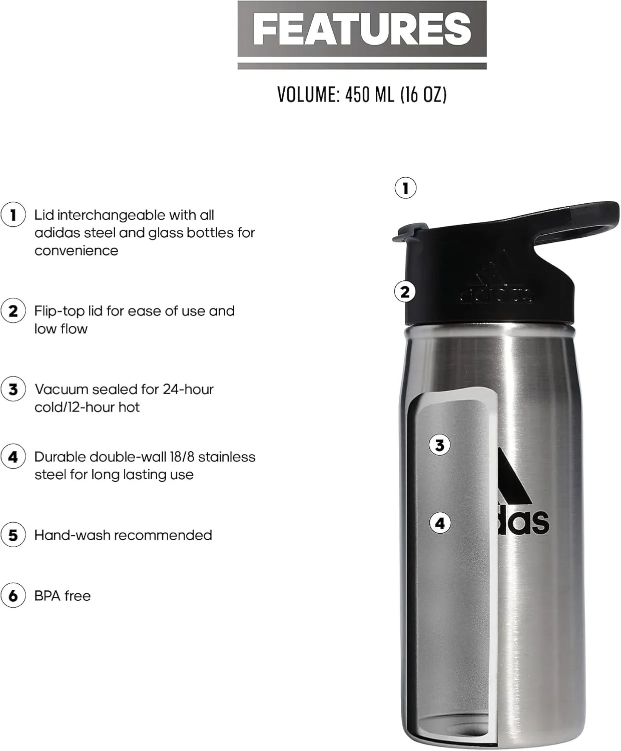adidas Unisex 450 ML (16 oz) Metal Water Bottle Tumbler