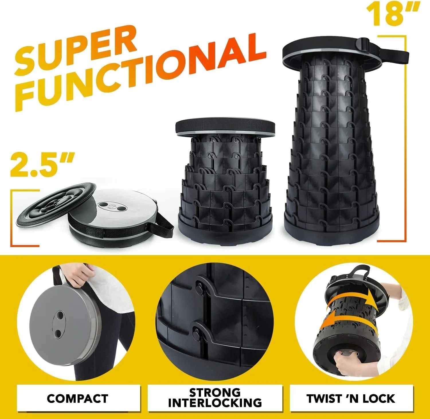 Adjustable Stool for Adults and Kids - Portable & Collapsible Design, Lightweight Outdoor Chair - Telescoping Seat for Beach, Camping, Fishing, Hiking, Hunting, Travel | Telescoping Stool (1, Yellow)