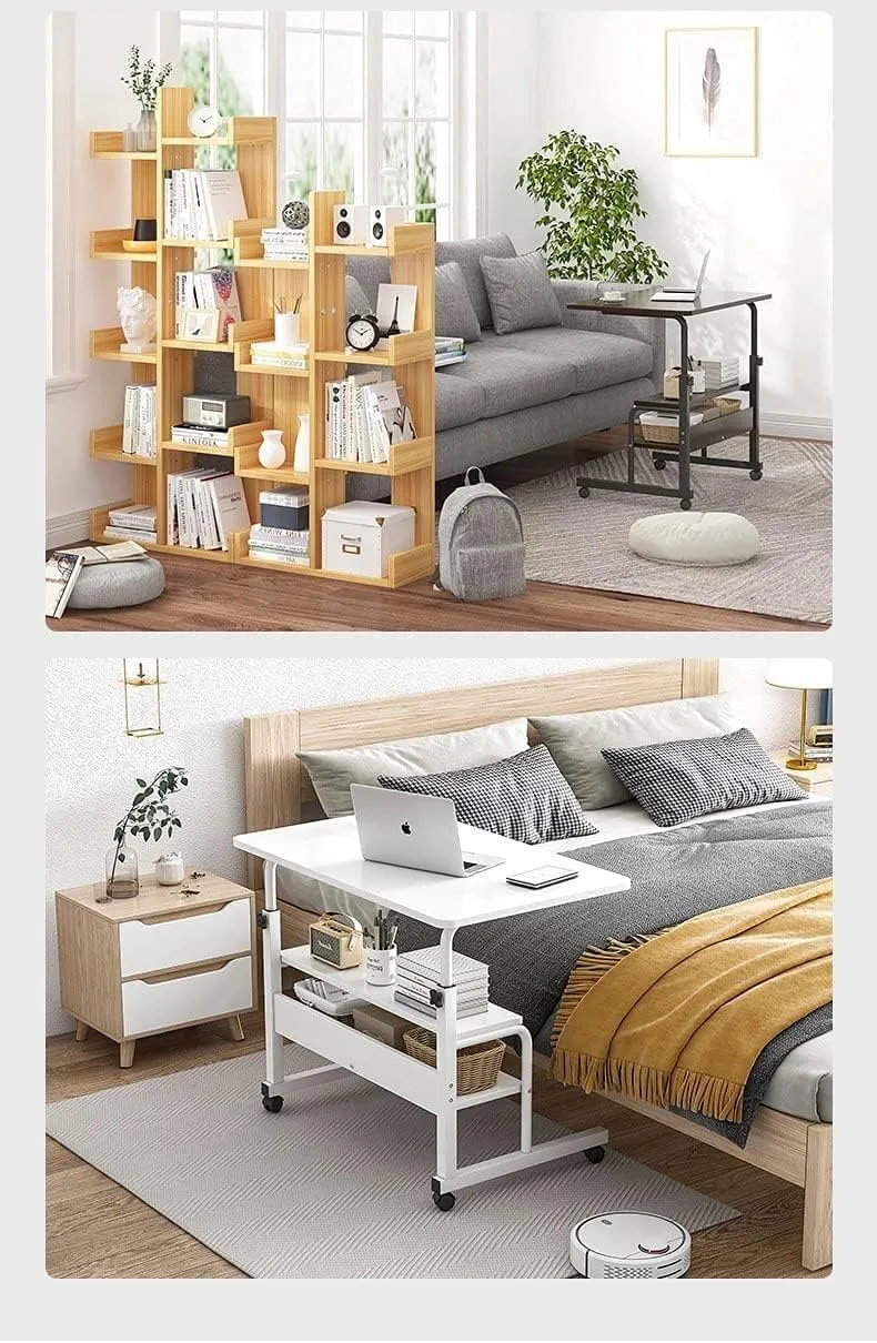 Adjustable Table Student Computer Portable Home Office Furniture Small Spaces Sofa Bedroom Bedside Desk Learn Play Game Desk on Wheels Movable with Storage Table Size 31.5 * 15.7 Inch,White D