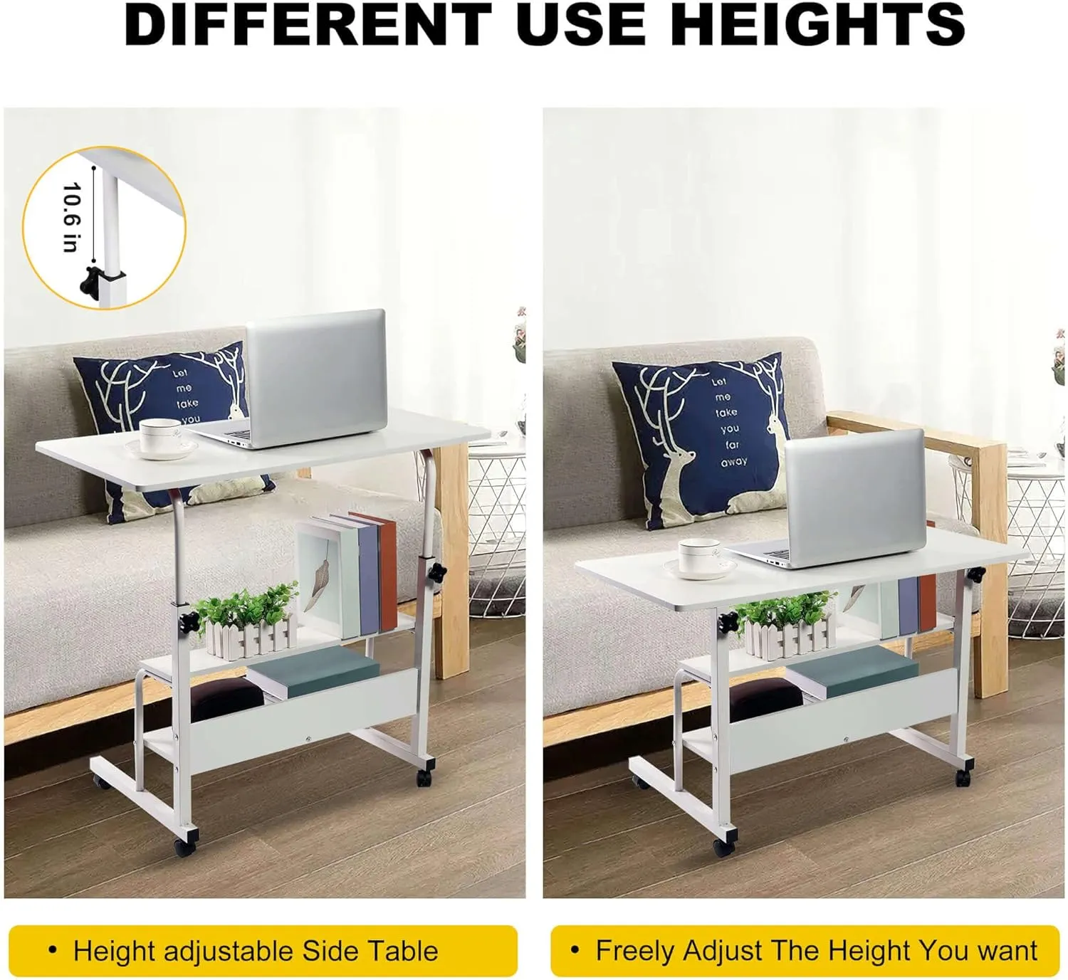 Adjustable Table Student Computer Portable Home Office Furniture Small Spaces Sofa Bedroom Bedside Desk Learn Play Game Desk on Wheels Movable with Storage Table Size 31.5 * 15.7 Inch,White D