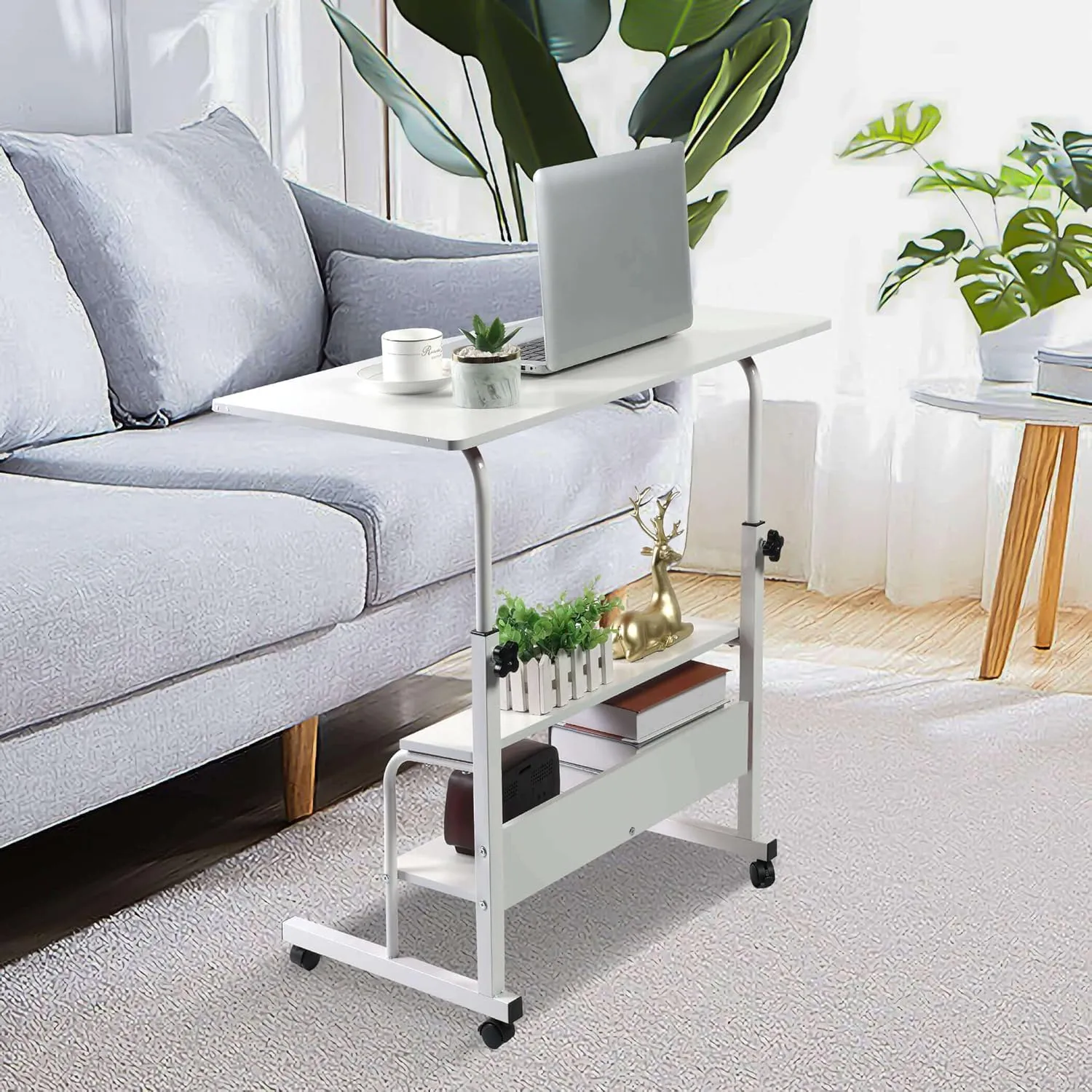 Adjustable Table Student Computer Portable Home Office Furniture Small Spaces Sofa Bedroom Bedside Desk Learn Play Game Desk on Wheels Movable with Storage Table Size 31.5 * 15.7 Inch,White D