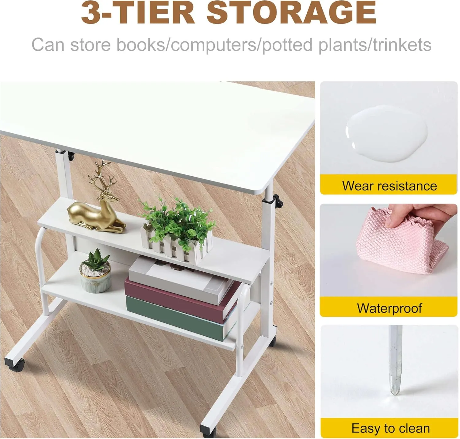 Adjustable Table Student Computer Portable Home Office Furniture Small Spaces Sofa Bedroom Bedside Desk Learn Play Game Desk on Wheels Movable with Storage Table Size 31.5 * 15.7 Inch,White D