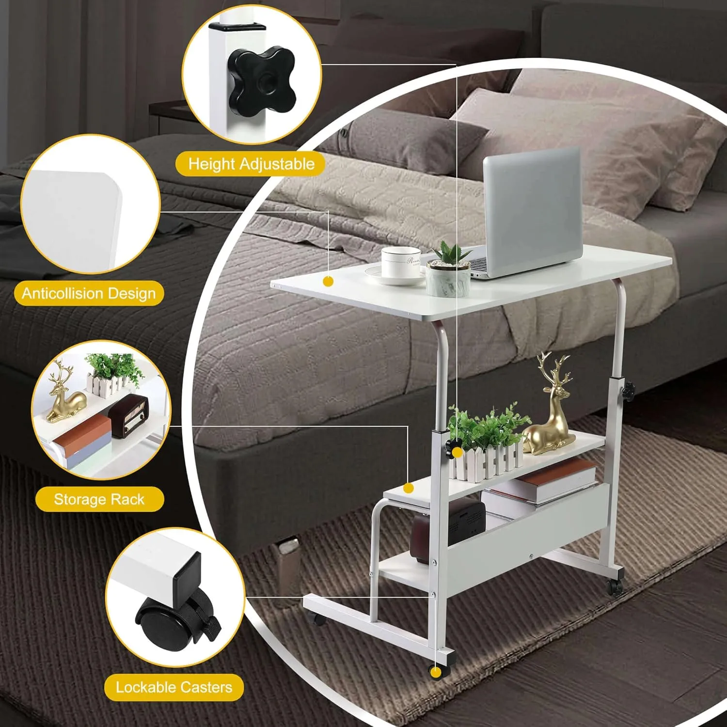 Adjustable Table Student Computer Portable Home Office Furniture Small Spaces Sofa Bedroom Bedside Desk Learn Play Game Desk on Wheels Movable with Storage Table Size 31.5 * 15.7 Inch,White D