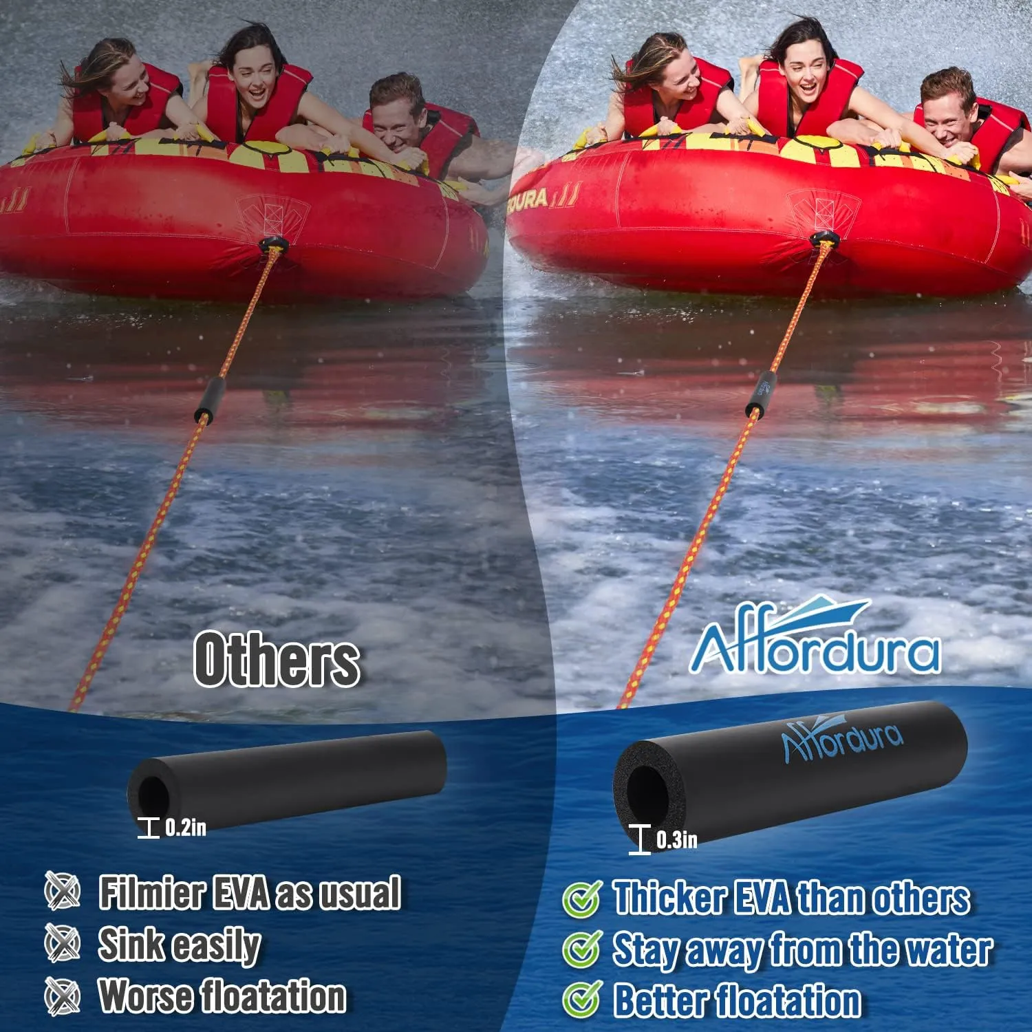 Affordura 65FT Tow Rope for Tubing 4 Sections Boat Tow Rope Tube Ropes for Tubing with Storage Bag and Rope Keeper