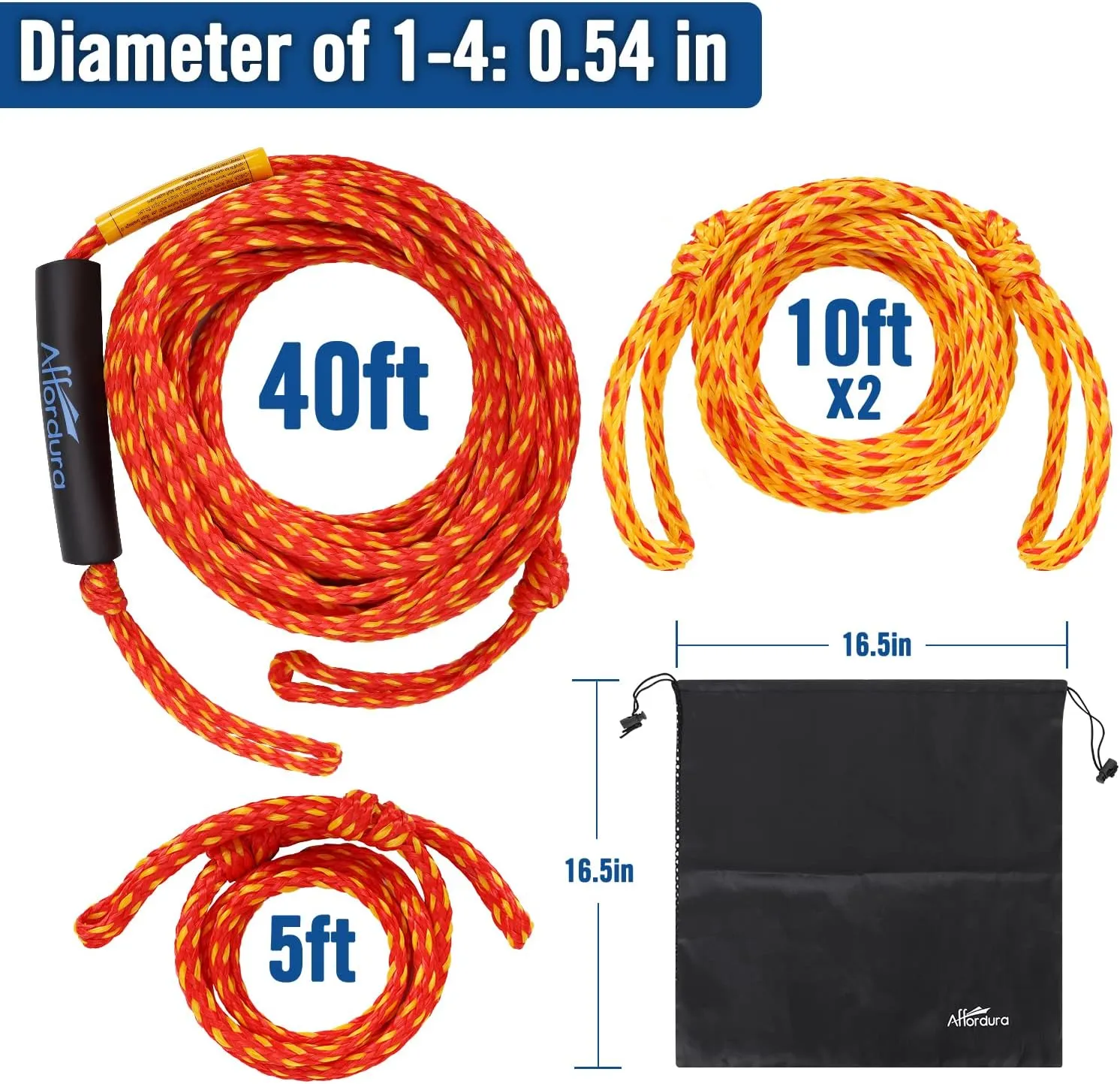 Affordura 65FT Tow Rope for Tubing 4 Sections Boat Tow Rope Tube Ropes for Tubing with Storage Bag and Rope Keeper