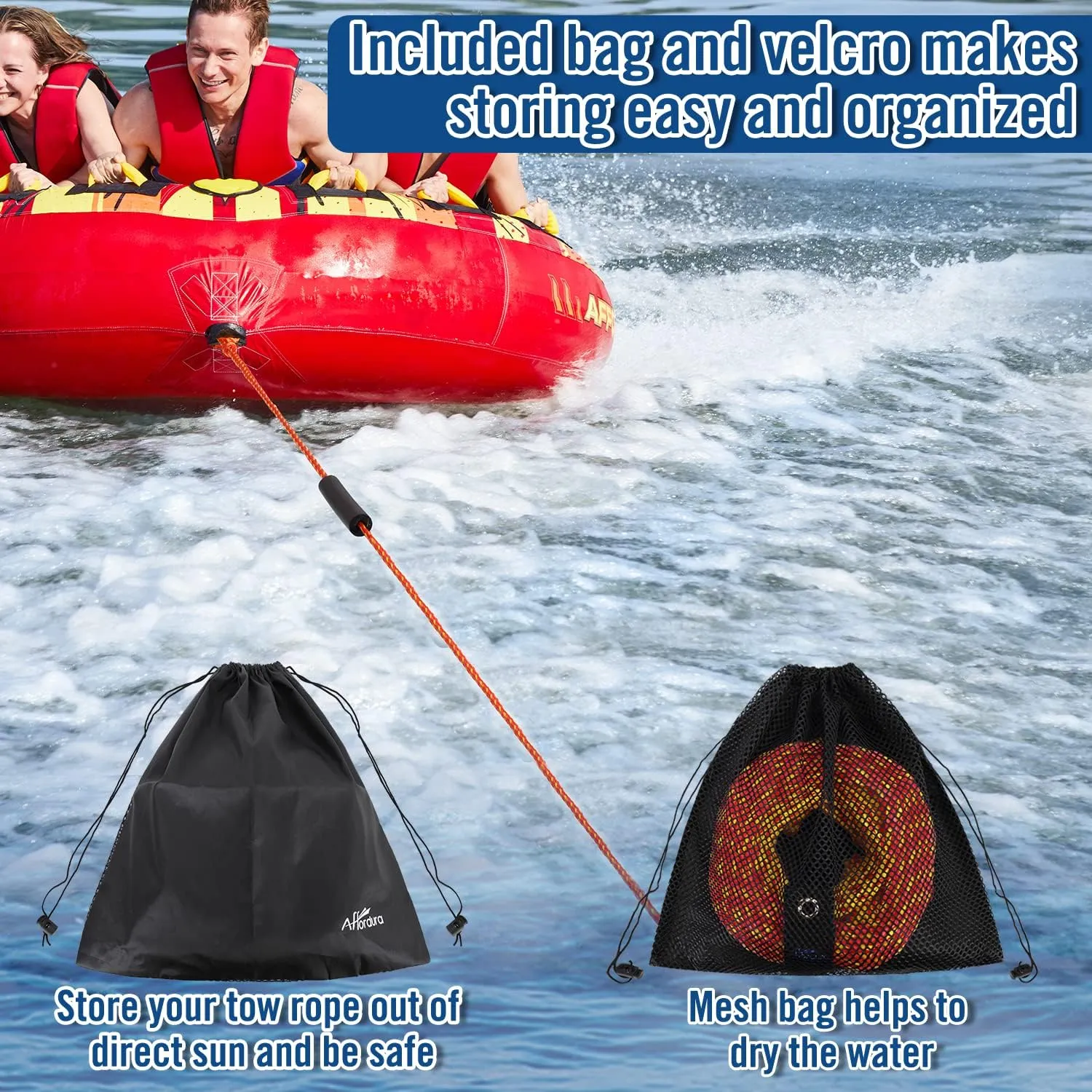 Affordura 65FT Tow Rope for Tubing 4 Sections Boat Tow Rope Tube Ropes for Tubing with Storage Bag and Rope Keeper