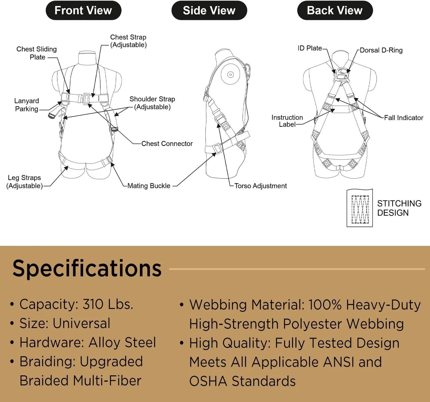 AFP Universal Full-Body Fall Protection Safety Harness with Dorsal D-Ring and Mating Buckle Legs | High-Visibility Green | Shock Absorbing Lanyard & Tool Lanyard (OSHA/ANSI)