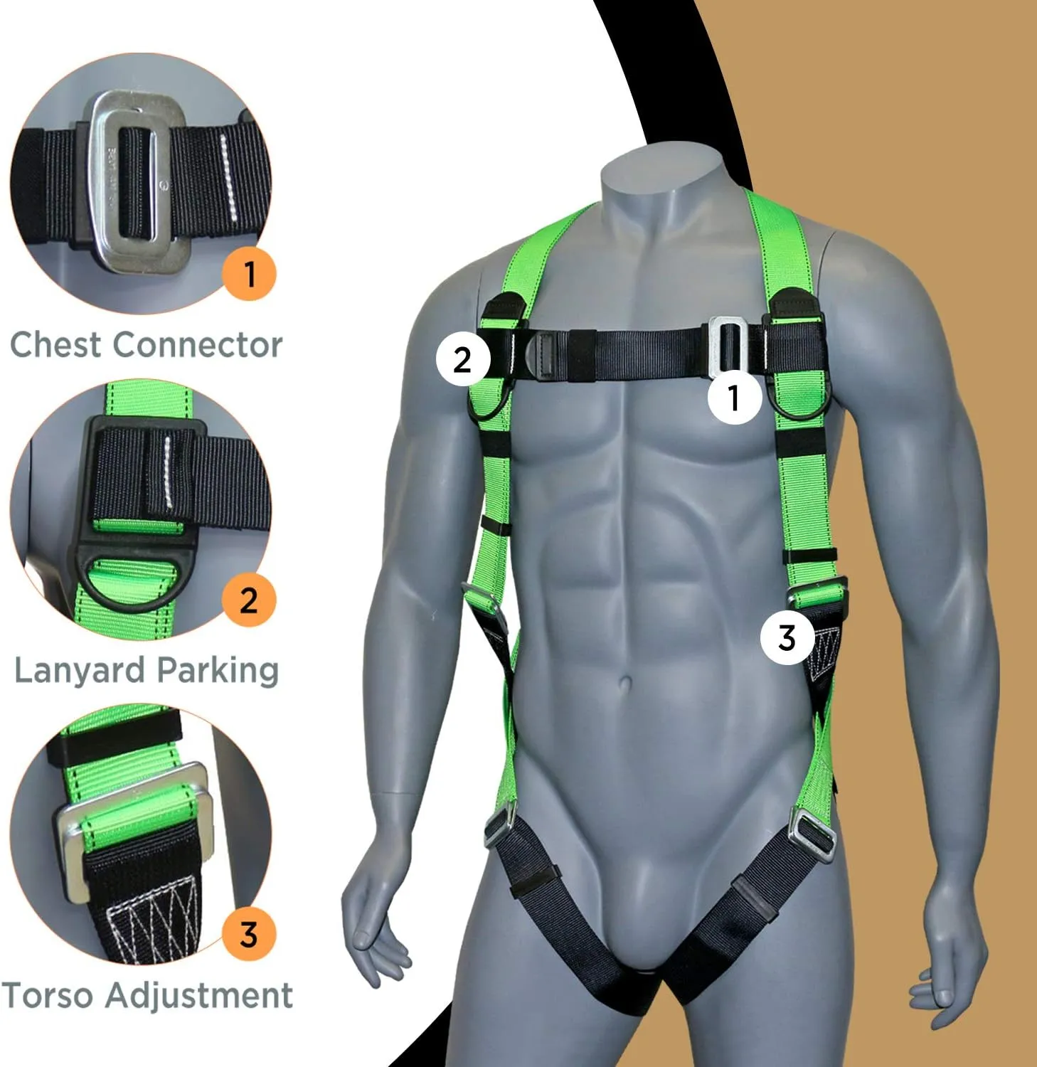 AFP Universal Full-Body Fall Protection Safety Harness with Dorsal D-Ring and Mating Buckle Legs | Roofer, Construction, Scaffolding PPE | Shock Absorbing Lanyard Pelican Rebar (OSHA/ANSI)