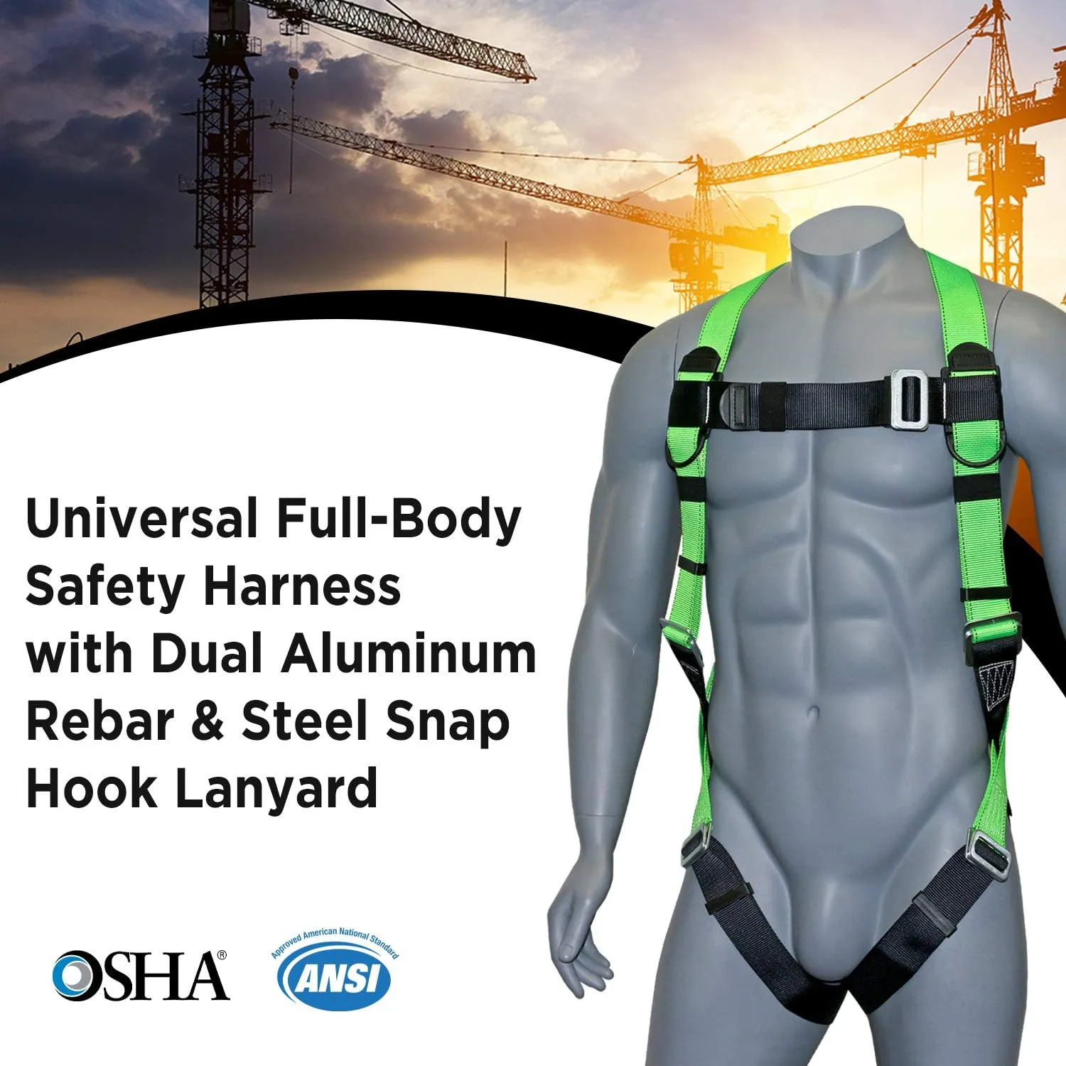 AFP Universal Full-Body Fall Protection Safety Harness with Dorsal D-Ring and Mating Buckle Legs | Roofer, Construction, Scaffolding PPE | Shock Absorbing Lanyard Pelican Rebar (OSHA/ANSI)