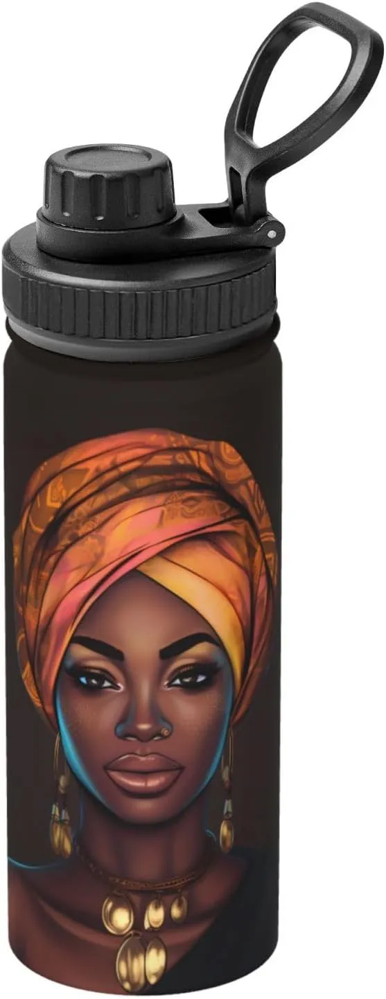 African Girl 18 OZ Insulated Stainless Steel Bottles, Black Women Sports Water Tumbler with Lid Unisex Insulated Water Cup for Outdoor Sports Hiking Cycling﻿
