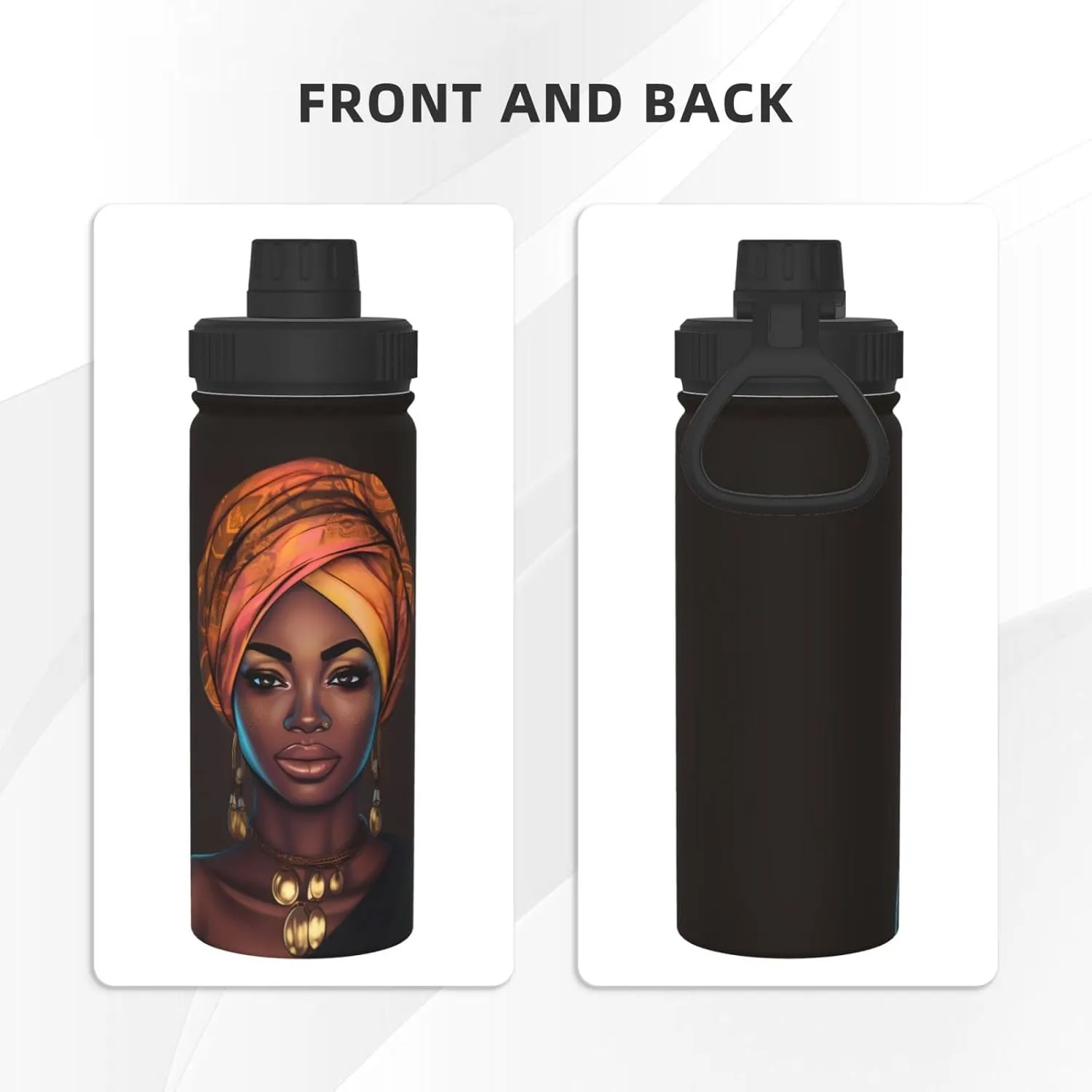 African Girl 18 OZ Insulated Stainless Steel Bottles, Black Women Sports Water Tumbler with Lid Unisex Insulated Water Cup for Outdoor Sports Hiking Cycling﻿