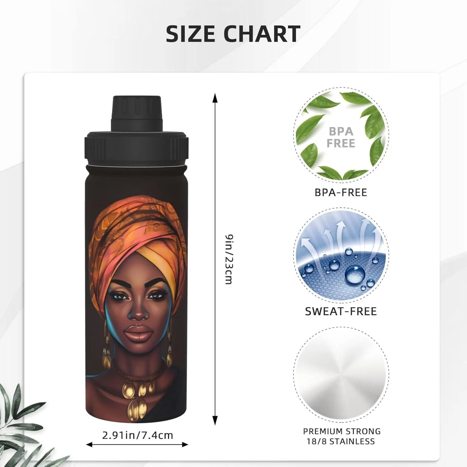 African Girl 18 OZ Insulated Stainless Steel Bottles, Black Women Sports Water Tumbler with Lid Unisex Insulated Water Cup for Outdoor Sports Hiking Cycling﻿
