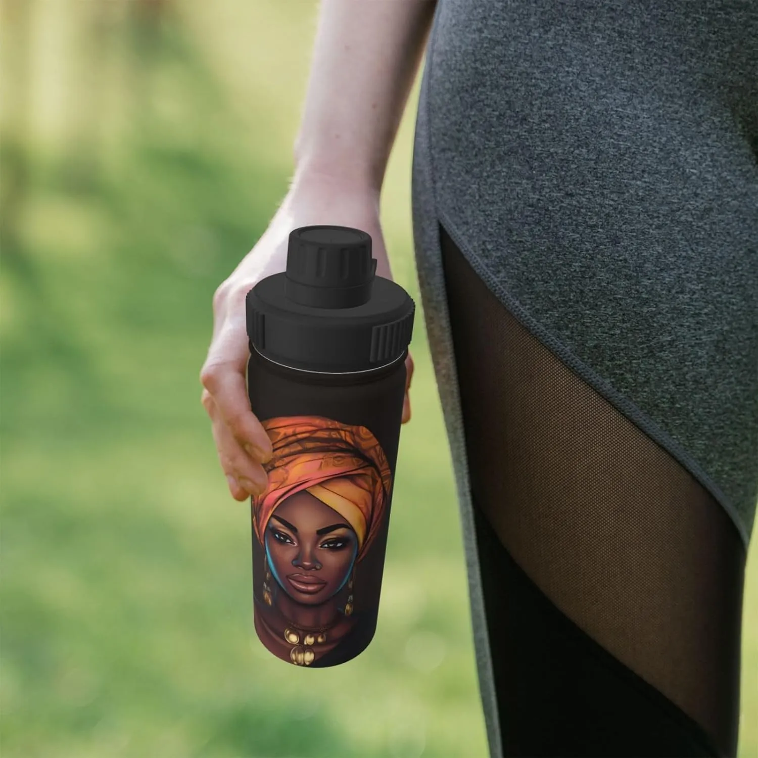 African Girl 18 OZ Insulated Stainless Steel Bottles, Black Women Sports Water Tumbler with Lid Unisex Insulated Water Cup for Outdoor Sports Hiking Cycling﻿