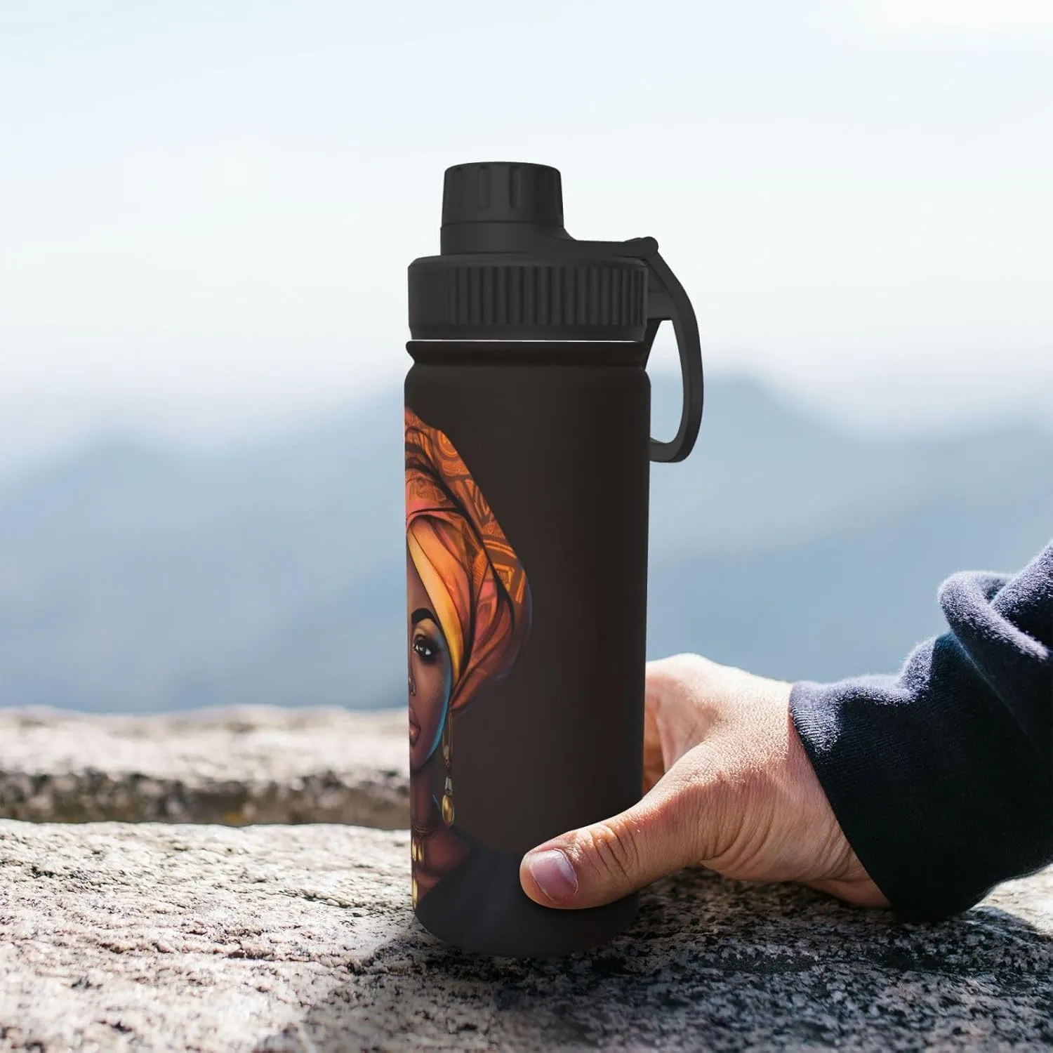 African Girl 18 OZ Insulated Stainless Steel Bottles, Black Women Sports Water Tumbler with Lid Unisex Insulated Water Cup for Outdoor Sports Hiking Cycling﻿