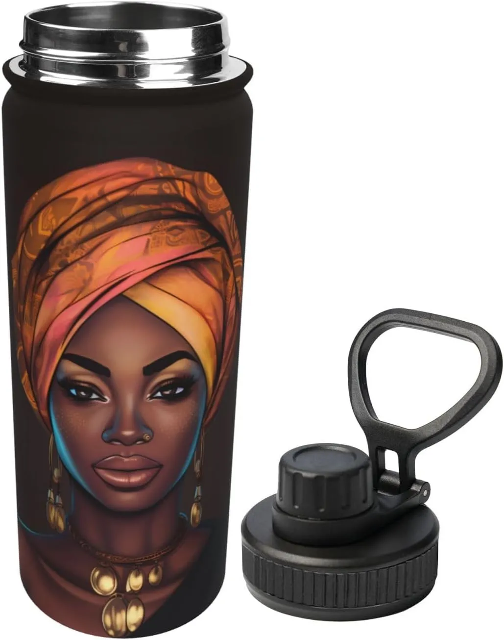 African Girl 18 OZ Insulated Stainless Steel Bottles, Black Women Sports Water Tumbler with Lid Unisex Insulated Water Cup for Outdoor Sports Hiking Cycling﻿
