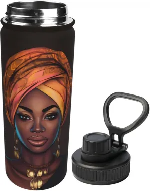 African Girl 18 OZ Insulated Stainless Steel Bottles, Black Women Sports Water Tumbler with Lid Unisex Insulated Water Cup for Outdoor Sports Hiking Cycling﻿