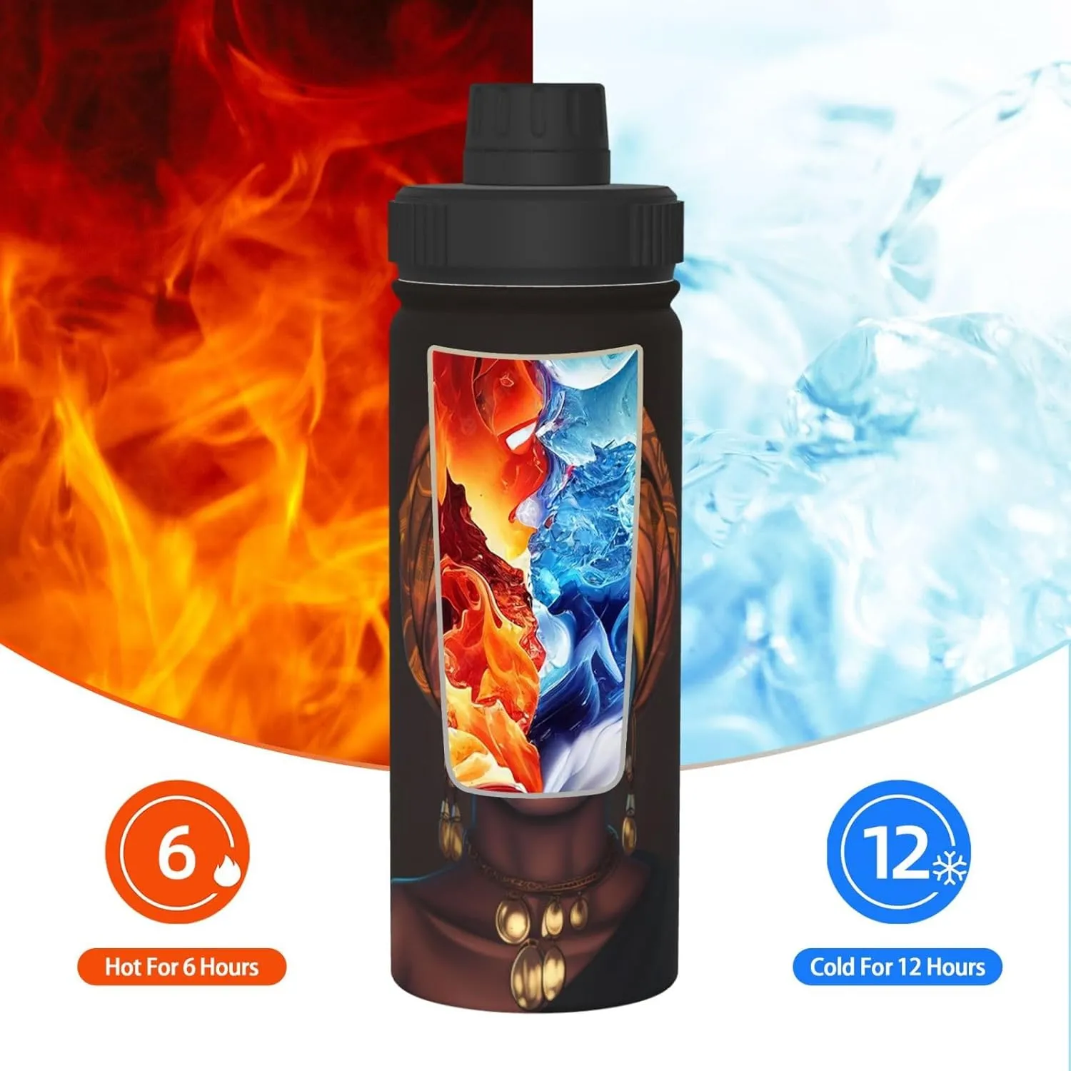 African Girl 18 OZ Insulated Stainless Steel Bottles, Black Women Sports Water Tumbler with Lid Unisex Insulated Water Cup for Outdoor Sports Hiking Cycling﻿