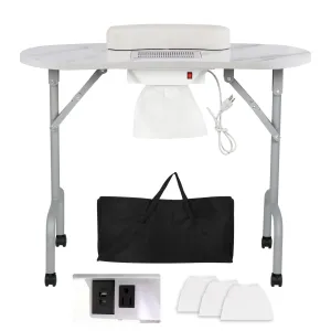 AGESISI Portable Manicure Table Foldable Nail Desk with Charging Station & Dust Collector Professional Nail Tech Table for Technician Spa Salon Workstation, Wrist Pad 4 Lockable Wheels, White Marbled