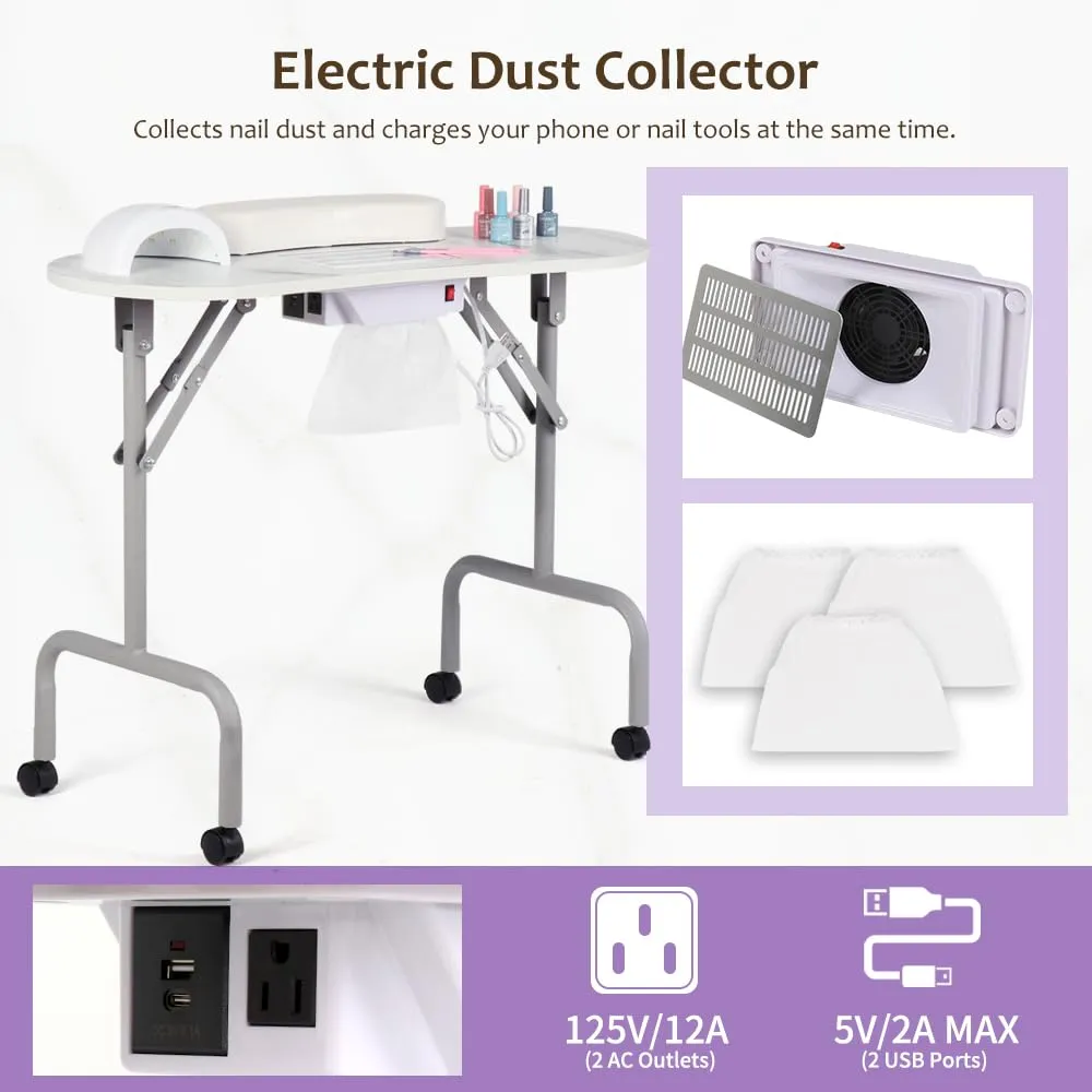 AGESISI Portable Manicure Table Foldable Nail Desk with Charging Station & Dust Collector Professional Nail Tech Table for Technician Spa Salon Workstation, Wrist Pad 4 Lockable Wheels, White Marbled