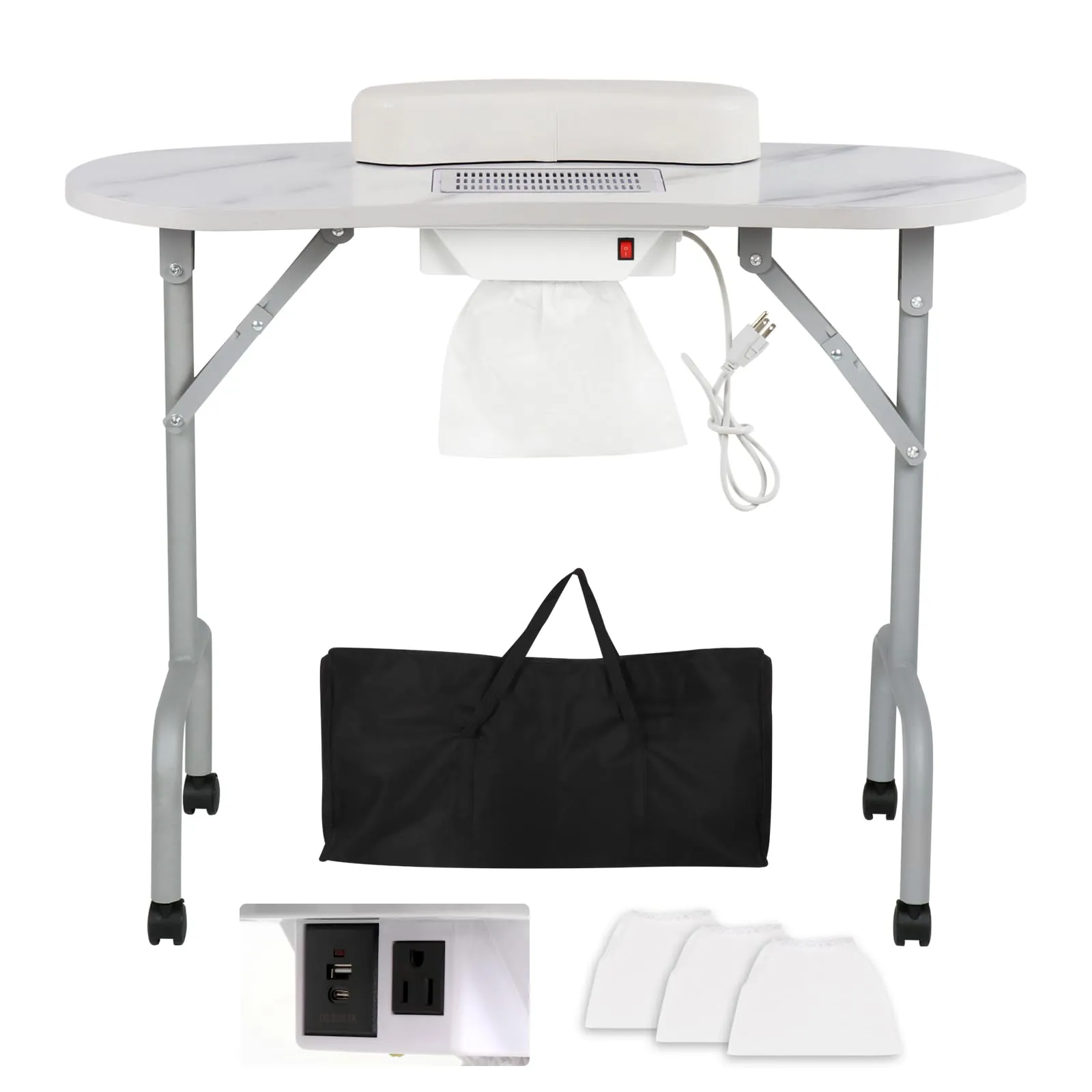 AGESISI Portable Manicure Table Foldable Nail Desk with Charging Station & Dust Collector Professional Nail Tech Table for Technician Spa Salon Workstation, Wrist Pad 4 Lockable Wheels, White Marbled