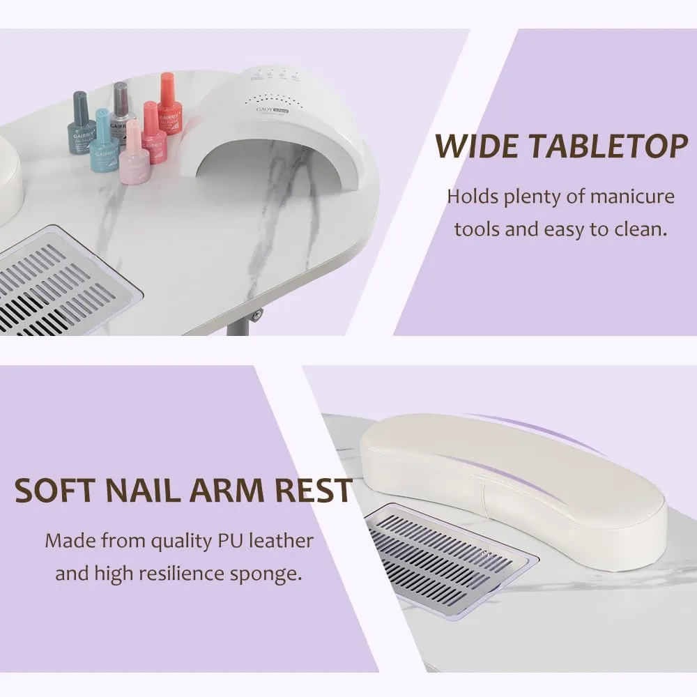 AGESISI Portable Manicure Table Foldable Nail Desk with Charging Station & Dust Collector Professional Nail Tech Table for Technician Spa Salon Workstation, Wrist Pad 4 Lockable Wheels, White Marbled