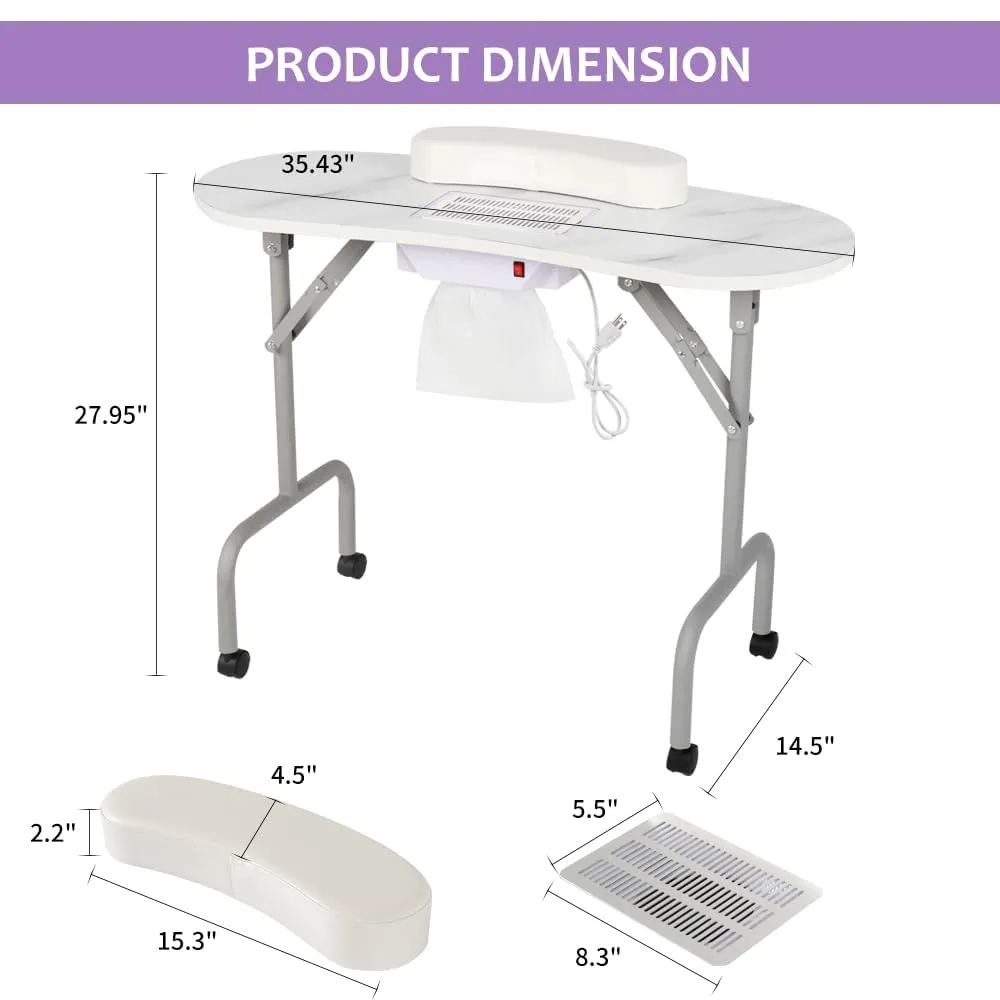 AGESISI Portable Manicure Table Foldable Nail Desk with Charging Station & Dust Collector Professional Nail Tech Table for Technician Spa Salon Workstation, Wrist Pad 4 Lockable Wheels, White Marbled