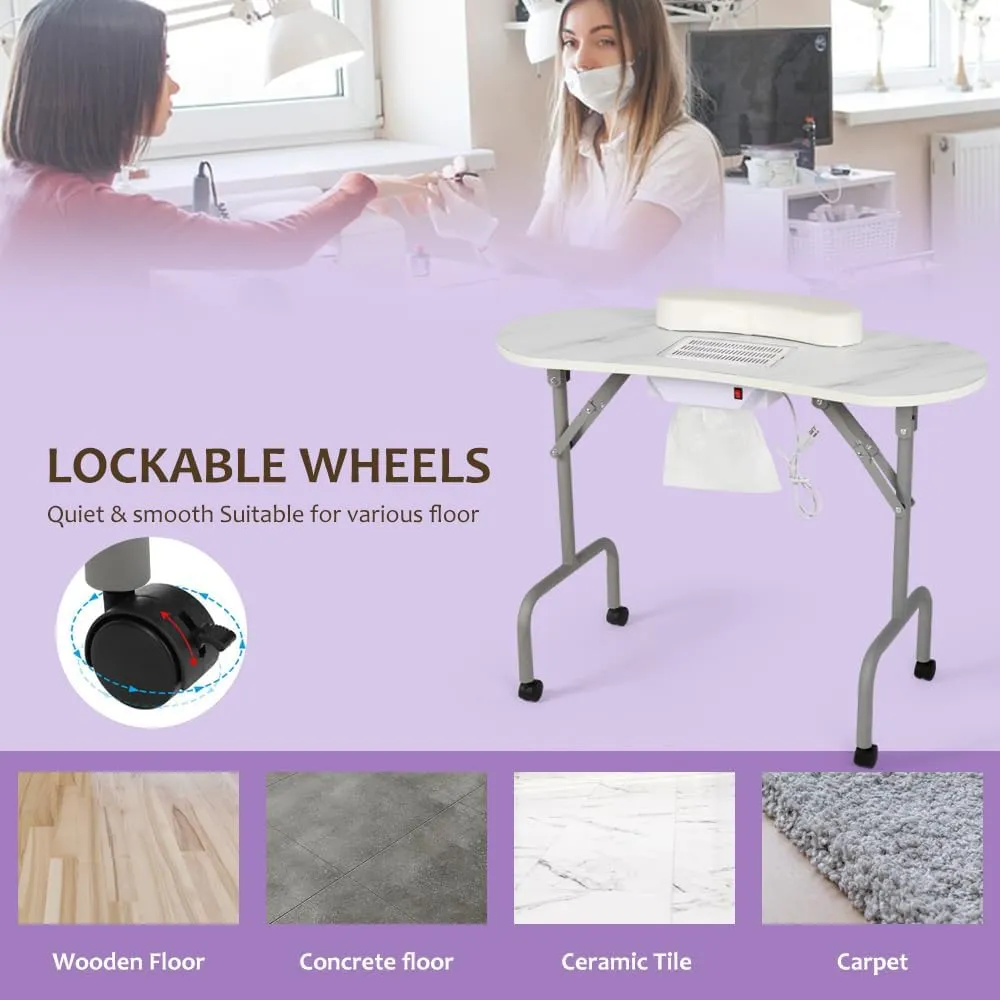 AGESISI Portable Manicure Table Foldable Nail Desk with Charging Station & Dust Collector Professional Nail Tech Table for Technician Spa Salon Workstation, Wrist Pad 4 Lockable Wheels, White Marbled