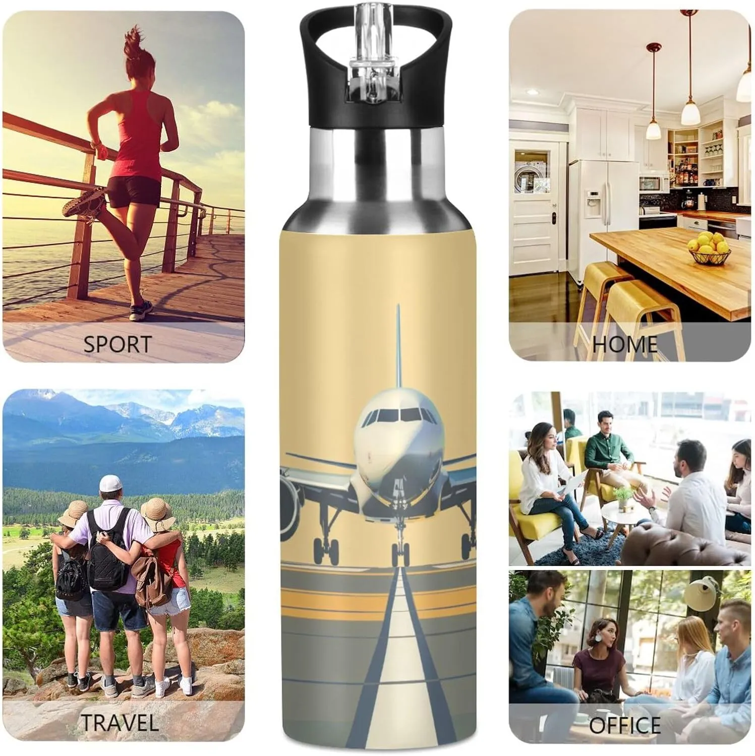 Airplane on Airport Water Bottle Leakproof Insulated Stainless Steel Hot Cold Water Flask with Straw Lid for Sports Travel 20 oz