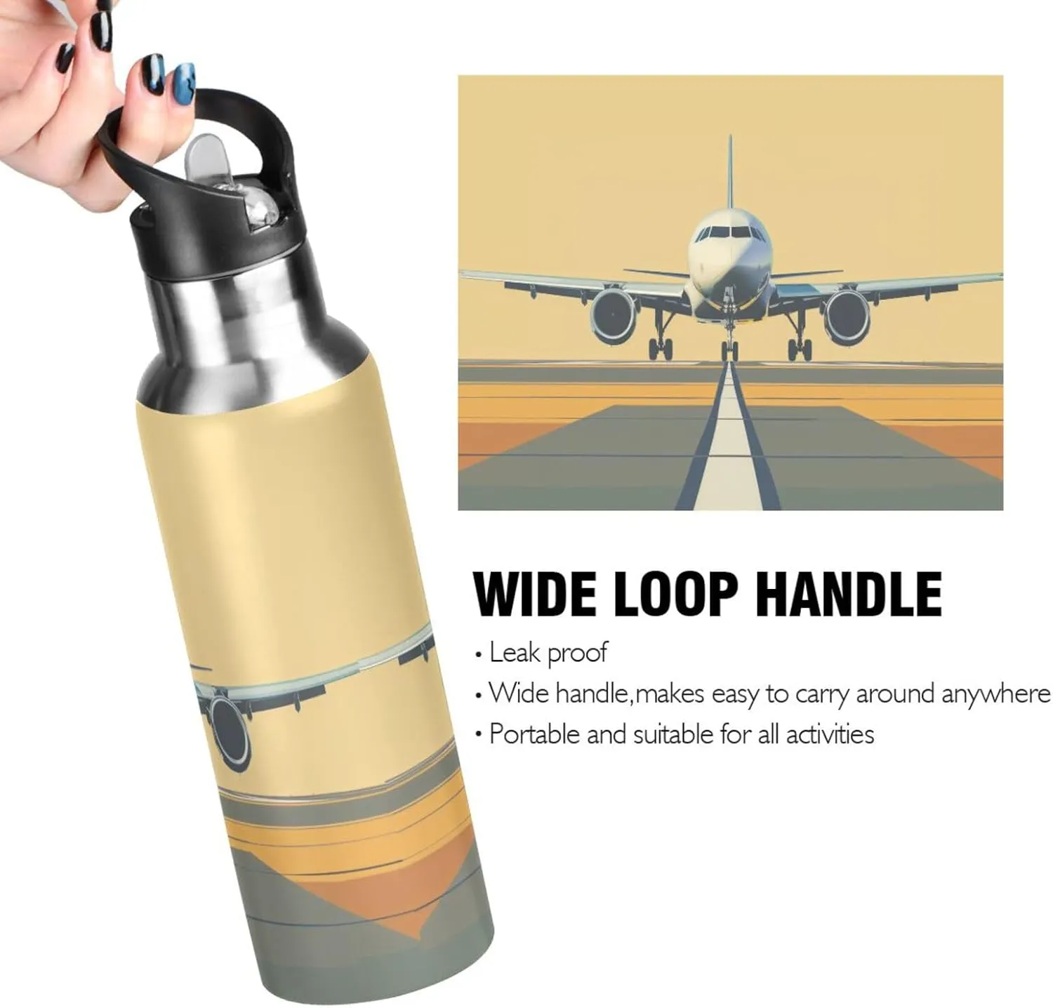 Airplane on Airport Water Bottle Leakproof Insulated Stainless Steel Hot Cold Water Flask with Straw Lid for Sports Travel 20 oz