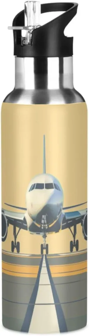 Airplane on Airport Water Bottle Leakproof Insulated Stainless Steel Hot Cold Water Flask with Straw Lid for Sports Travel 20 oz
