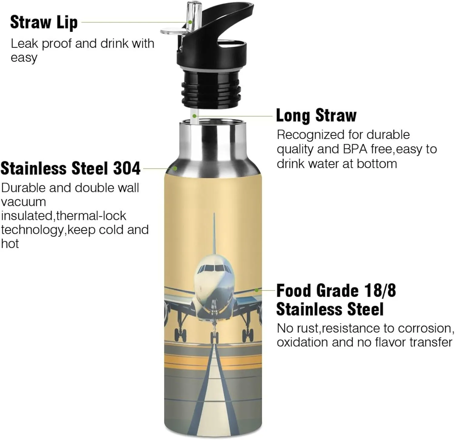Airplane on Airport Water Bottle Leakproof Insulated Stainless Steel Hot Cold Water Flask with Straw Lid for Sports Travel 20 oz