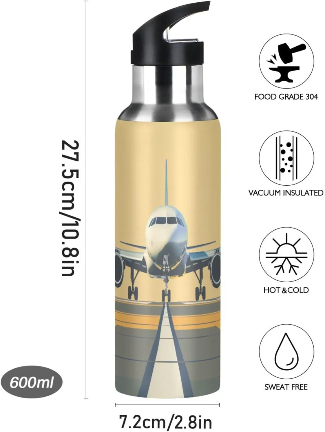Airplane on Airport Water Bottle Leakproof Insulated Stainless Steel Hot Cold Water Flask with Straw Lid for Sports Travel 20 oz