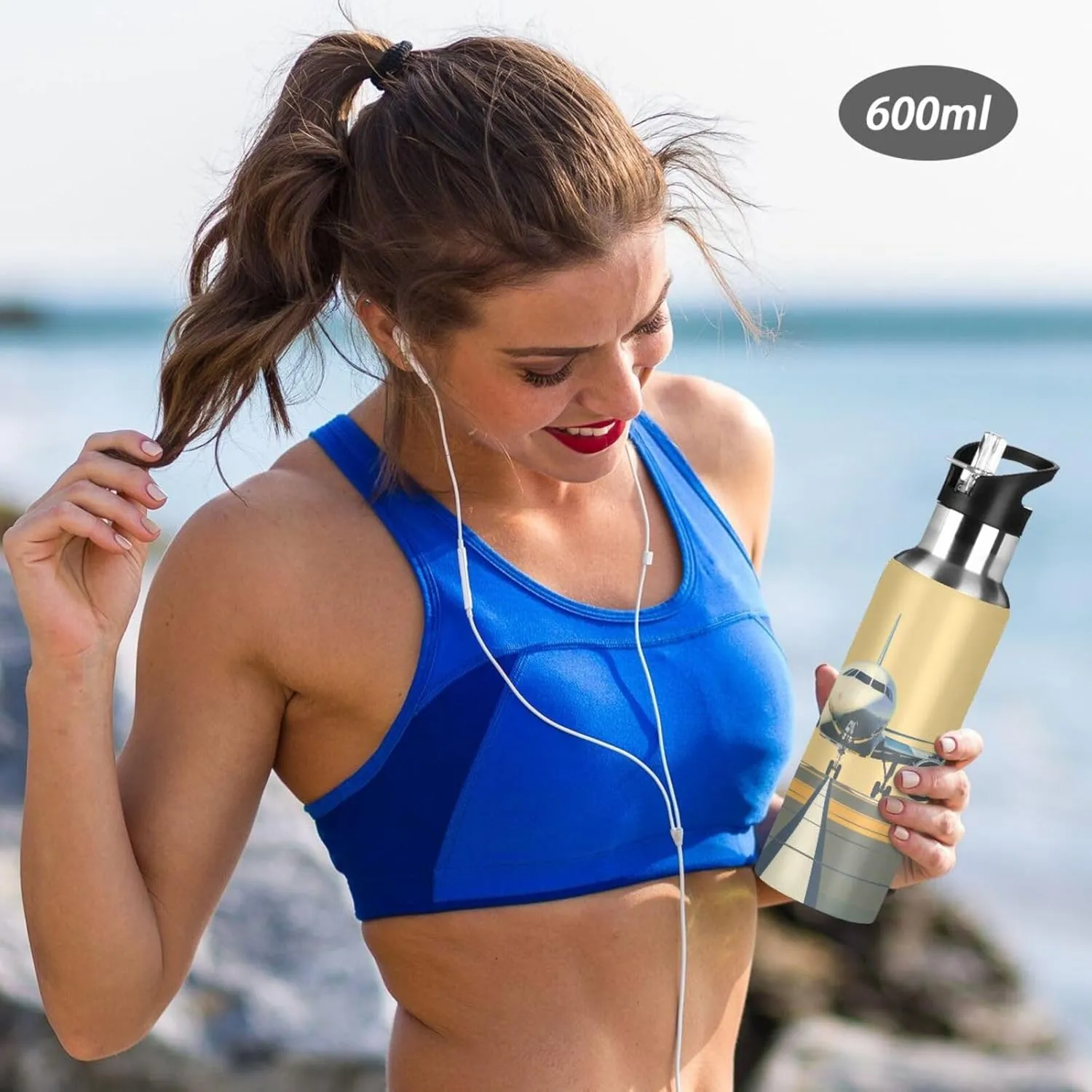 Airplane on Airport Water Bottle Leakproof Insulated Stainless Steel Hot Cold Water Flask with Straw Lid for Sports Travel 20 oz