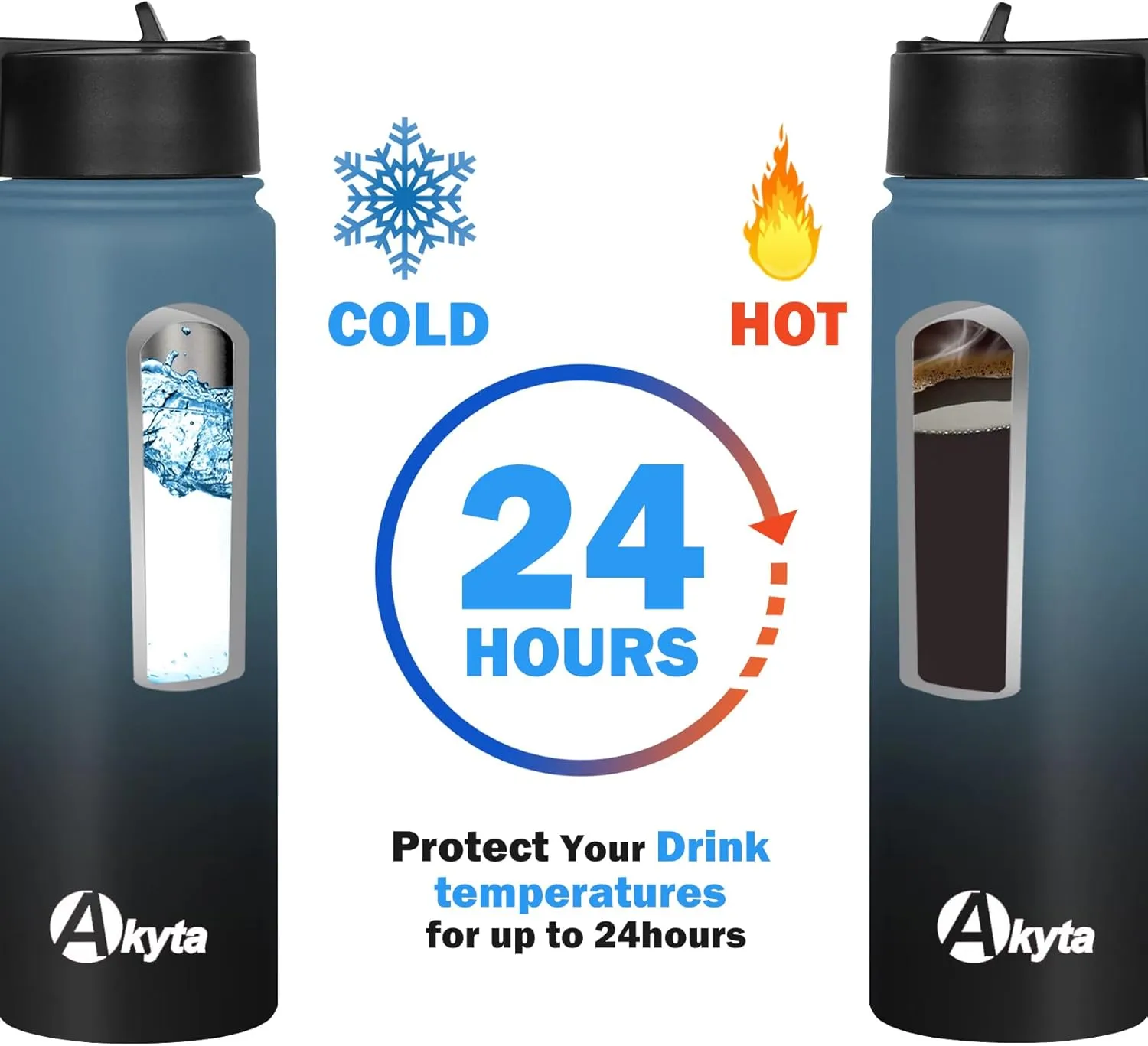 Akyta 24 Oz Water Bottle, Sports Water Bottle with Straw Lid, Spout lid, Vacuum-Insulated Stainless-Steel,Double-walled Thermos Water Bottle for Hiking Biking (24 oz, Indigo black)