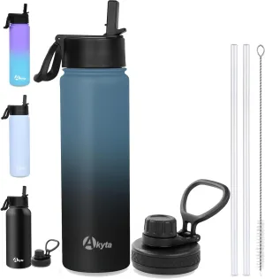 Akyta 24 Oz Water Bottle, Sports Water Bottle with Straw Lid, Spout lid, Vacuum-Insulated Stainless-Steel,Double-walled Thermos Water Bottle for Hiking Biking (24 oz, Indigo black)