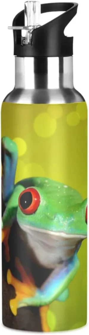 ALAZA Red Eye Tree Frog Water Bottle With Straw Lids Boys Girls,Vacuum Insulated Leakproof Stainless-Steel Sports Bottle Thermal Flask For Gym Yoga Camping,20Oz (600Ml)