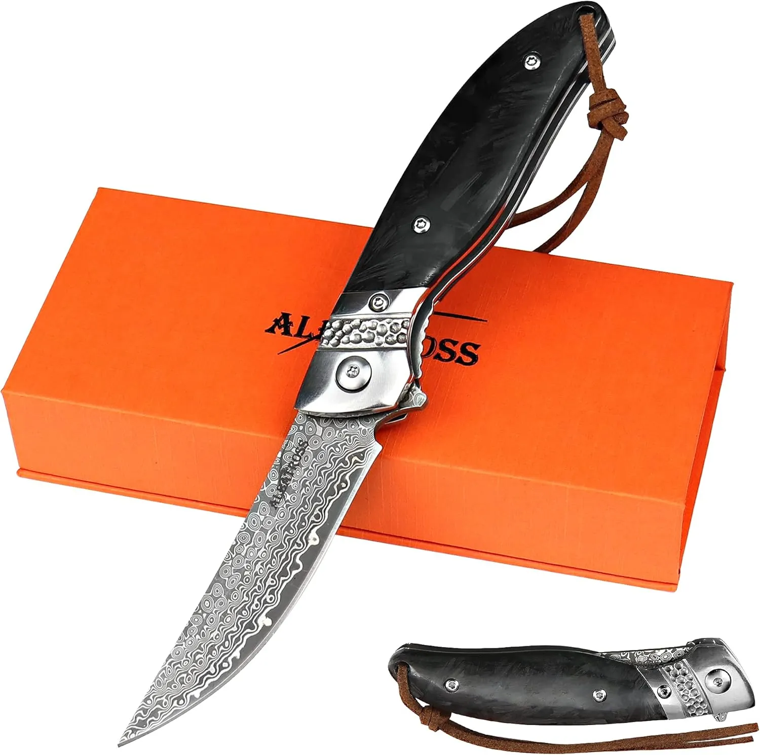ALBATROSS Premium Damascus Folding Knife - EDC Pocket Knife with VG10 Damascus Steel Blade, Quick Flip Assisted Opening, Luminous Carbon Fiber Handle & Liner Lock - Great Gift for Outdoorsmen - HGDK028-EG