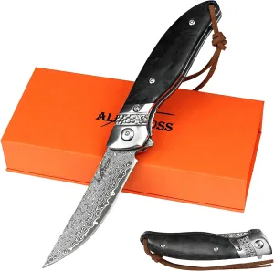 ALBATROSS Premium Damascus Folding Knife - EDC Pocket Knife with VG10 Damascus Steel Blade, Quick Flip Assisted Opening, Luminous Carbon Fiber Handle & Liner Lock - Great Gift for Outdoorsmen - HGDK028-EG