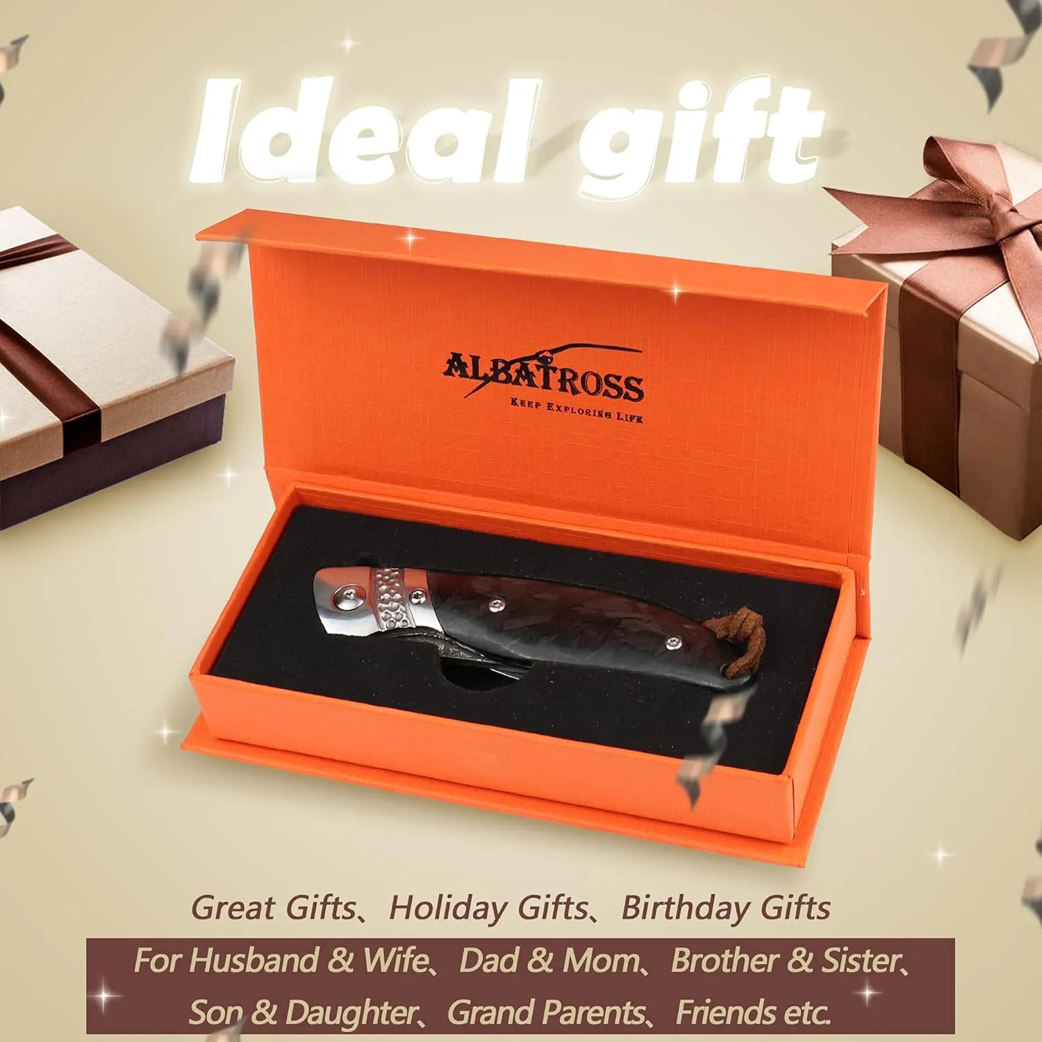 ALBATROSS Premium Damascus Folding Knife - EDC Pocket Knife with VG10 Damascus Steel Blade, Quick Flip Assisted Opening, Luminous Carbon Fiber Handle & Liner Lock - Great Gift for Outdoorsmen - HGDK028-EG