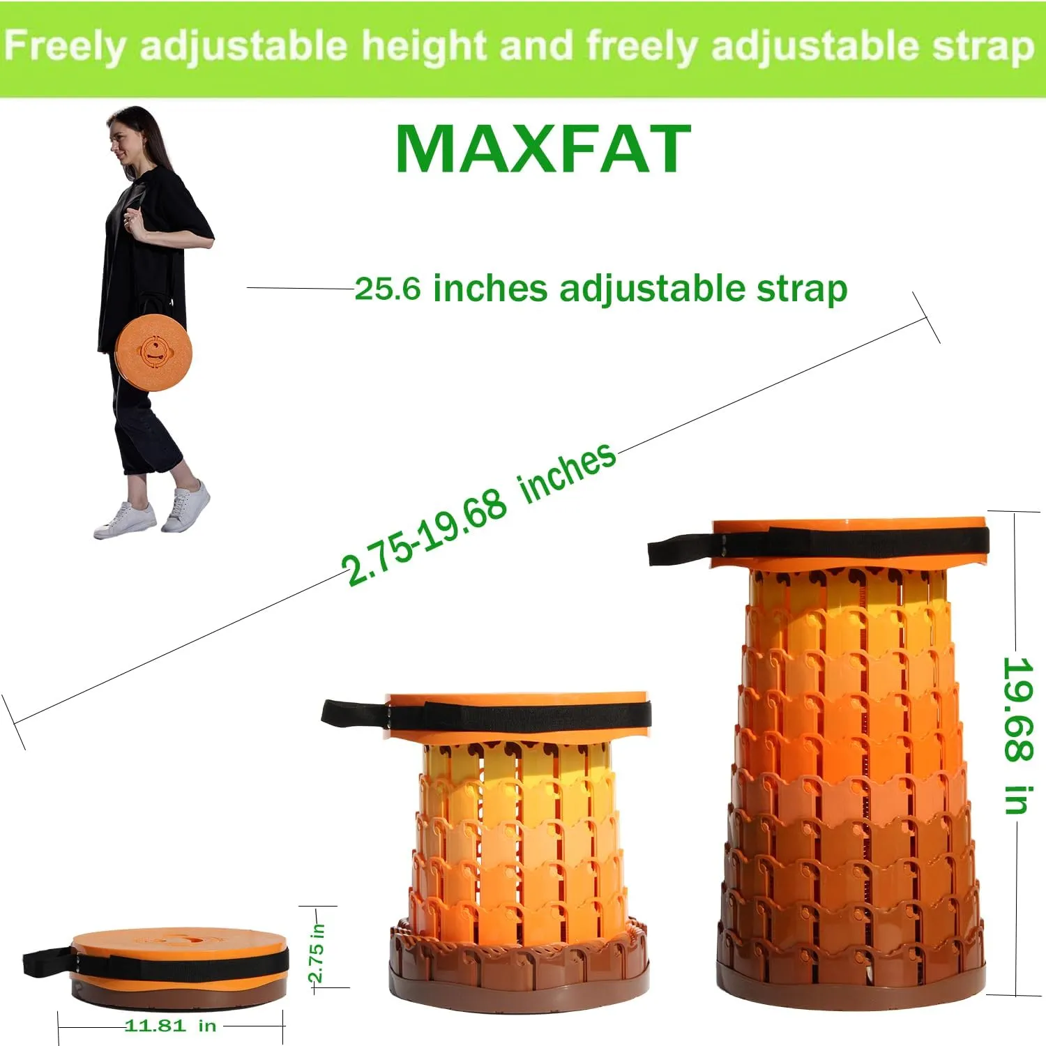 ALEVMOOM 19.7" Collapsible Stool Telescoping Stool with Cushion, Retractable Folding Stool for Adults Outdoor Camping Fishing, Width 11.8" Max Load 1000 lbs