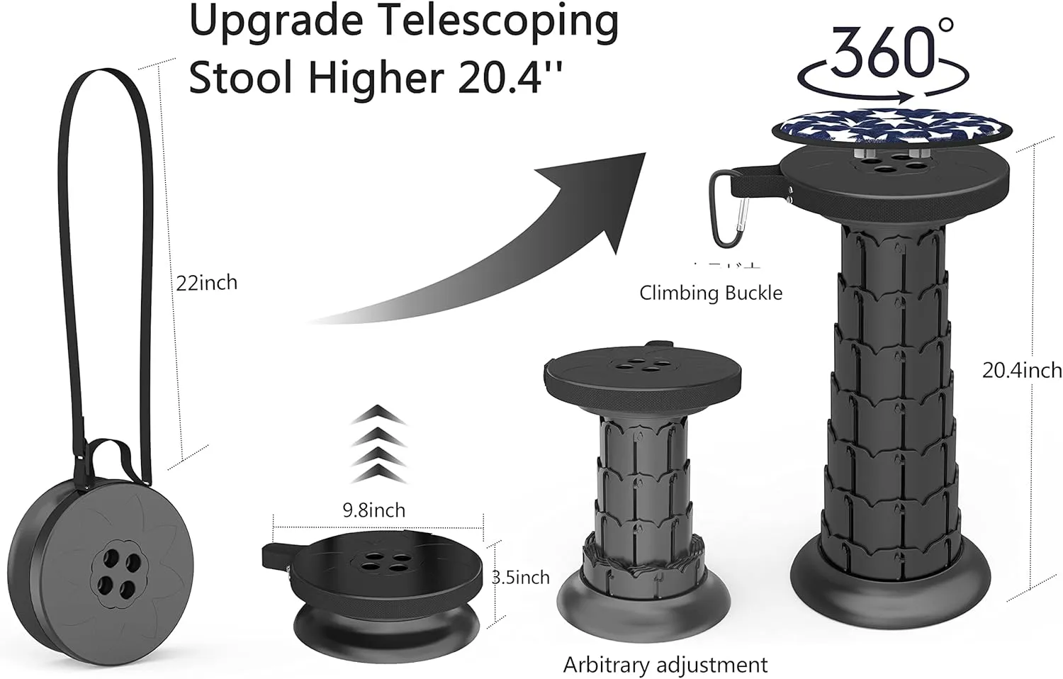 ALEVMOOM 20.4“Telescoping Stool with Cushion Collapsible Portable Stool with More Sturdy Capacity 550Ib Foldable for Garden Fishing Hiking BBQ with Carry Bag,Carabiner