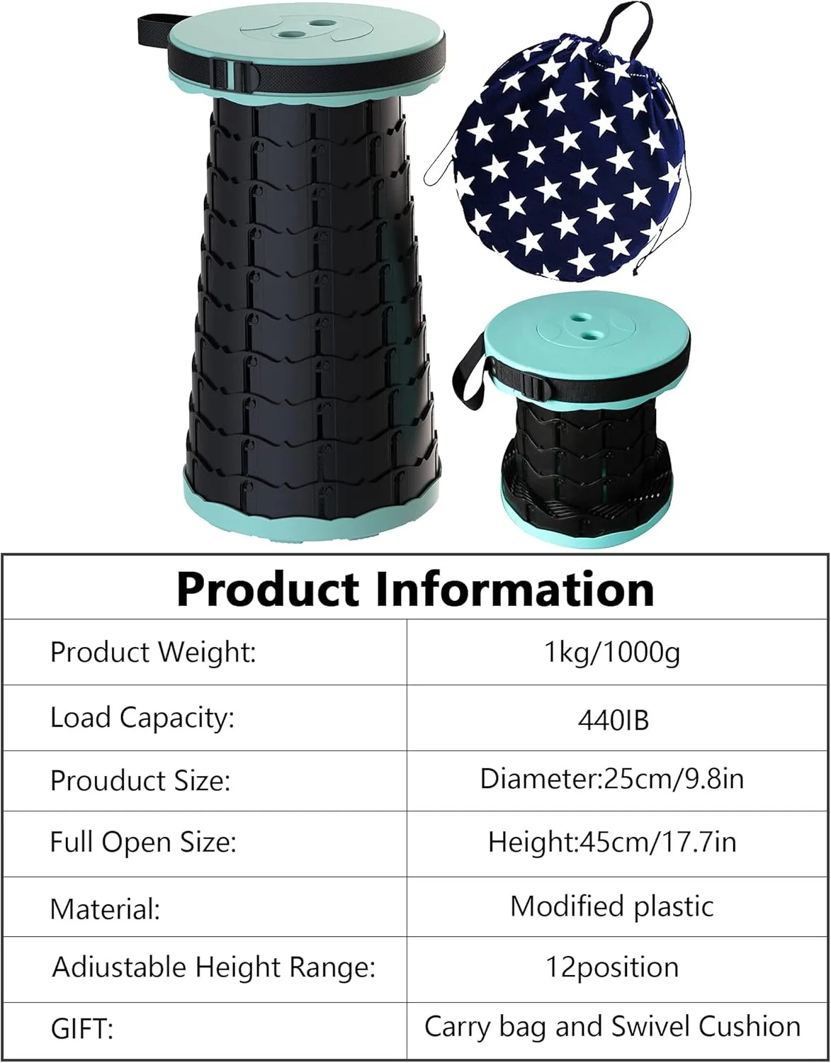 ALEVMOOM Collapsible Stool with Cushion, Portable Telescoping More Sturdy Load Capacity 200kg, Retractable Adjustable Camping Folding Stool for Outdoor Hiking BBQ Climb