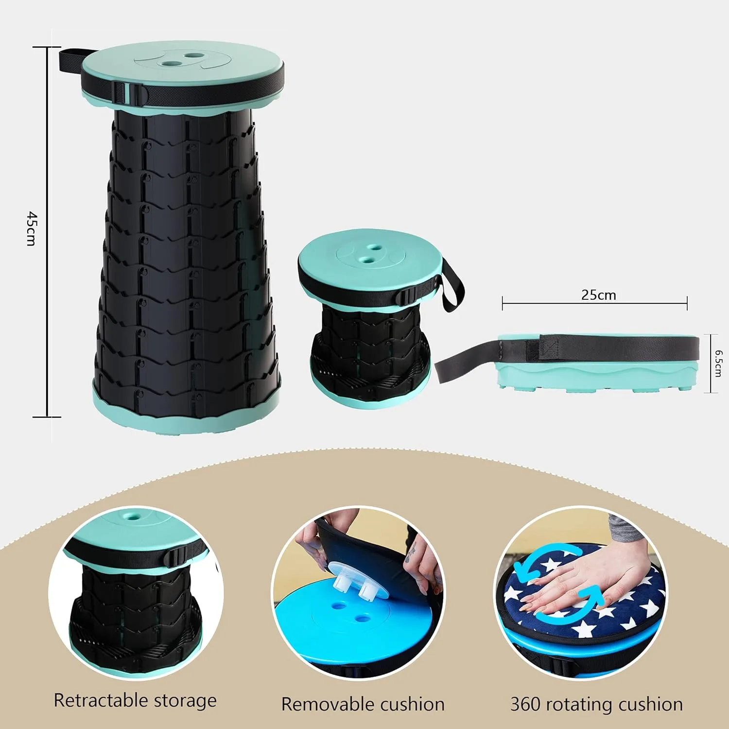 ALEVMOOM Collapsible Stool with Cushion, Portable Telescoping More Sturdy Load Capacity 200kg, Retractable Adjustable Camping Folding Stool for Outdoor Hiking BBQ Climb
