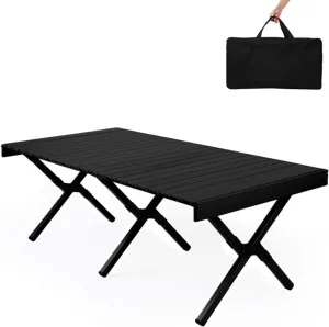 All Aluminum Alloy Light Weight Camping Table Furniture Outdoor Home Foldable Roll Up Easy Carry Picnic BBQ Table with Storage Bag,Black,L(Length120cm)